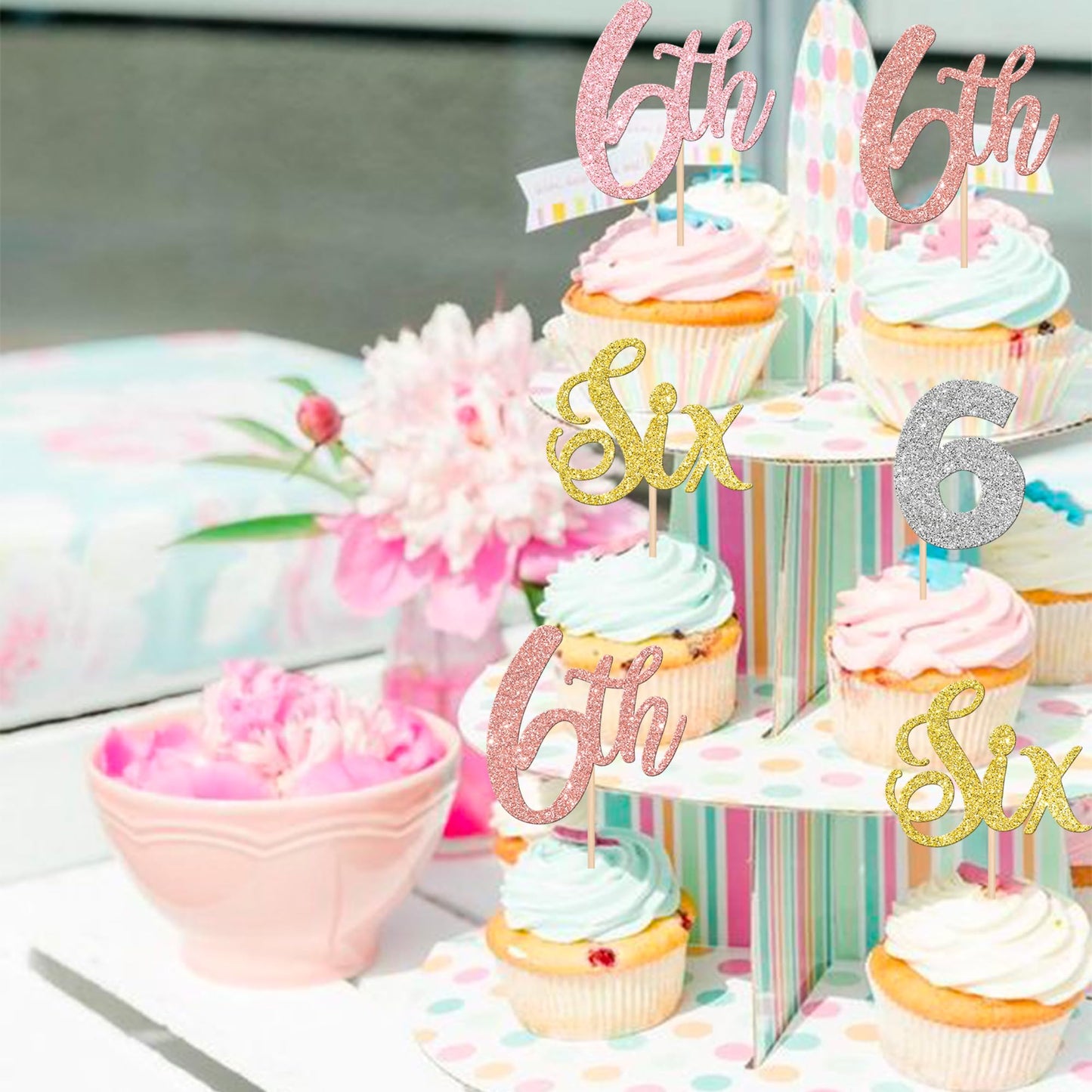 24 Pcs Six Cupcake Toppers Glitter Six 6Th Birthday Cupcake Picks Number 6 Six Cake Picks For Baby Shower Kids 6Th Birthday Anni