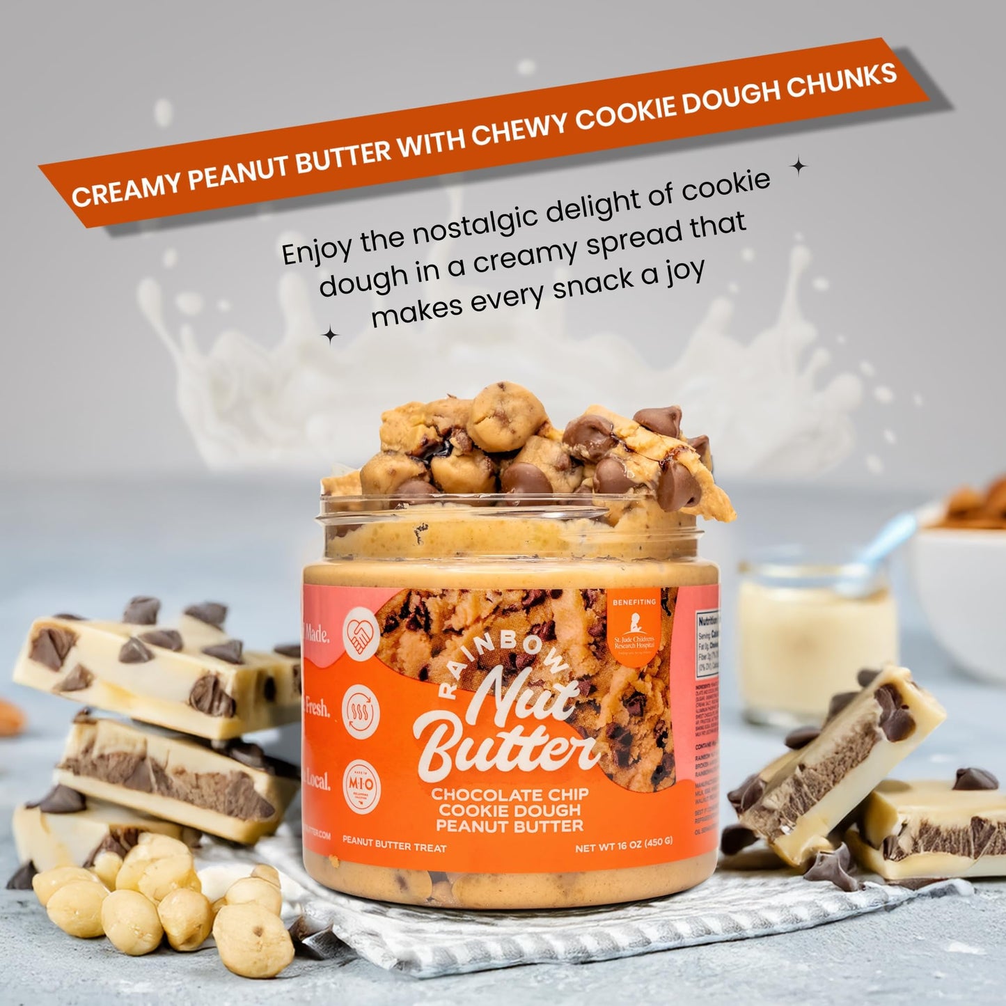 Rainbow Nut Butter, Chocolate Chip Cookie Dough Peanut Butter, White & Milk Chocolate, High Protein Flavored Nut Butter, (16 Oz