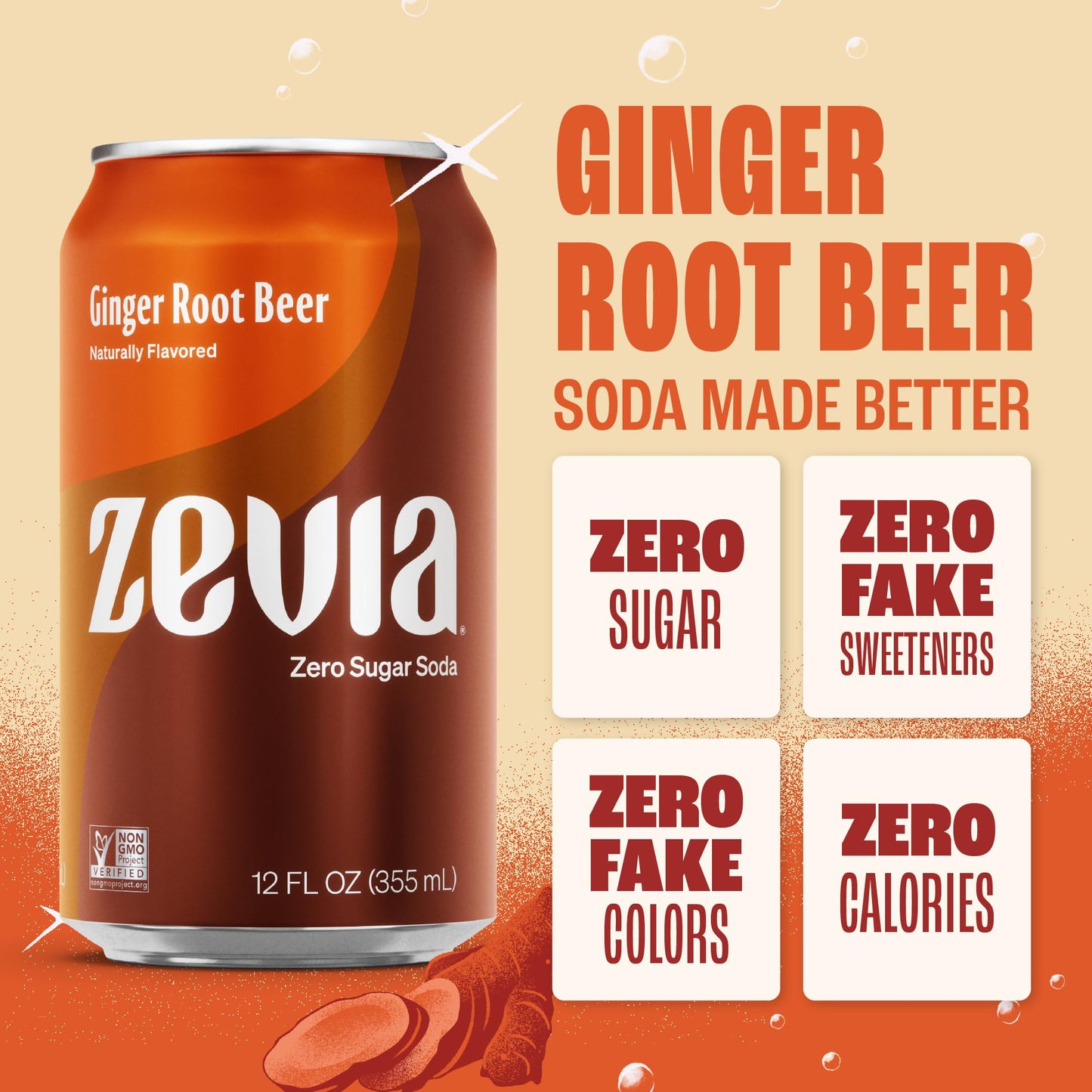 Zevia Zero Sugar Soda, Ginger Root Malt-Inspired, 12 Oz Cans (24-Pack) – Naturally Sweetened, Zero Calorie Sugar Free Soda - Non-Gmo Project Verified, Gluten-Free, Vegan