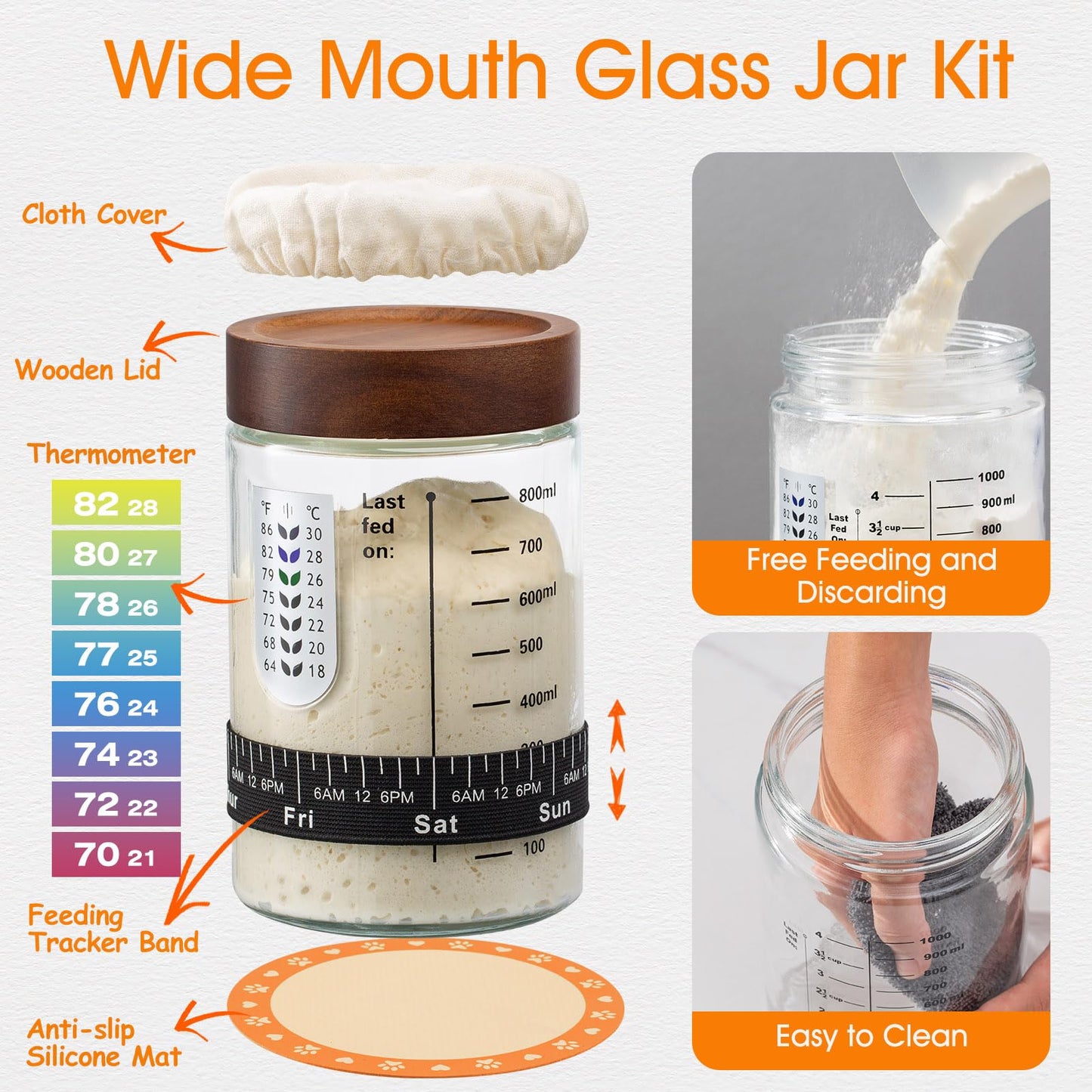 Angadona Sourdough Starter Kit - Handmade Cotton Rope Bannetons with Liners, 35oz Jar, Orange, Model SBBT-CTR-GJKT