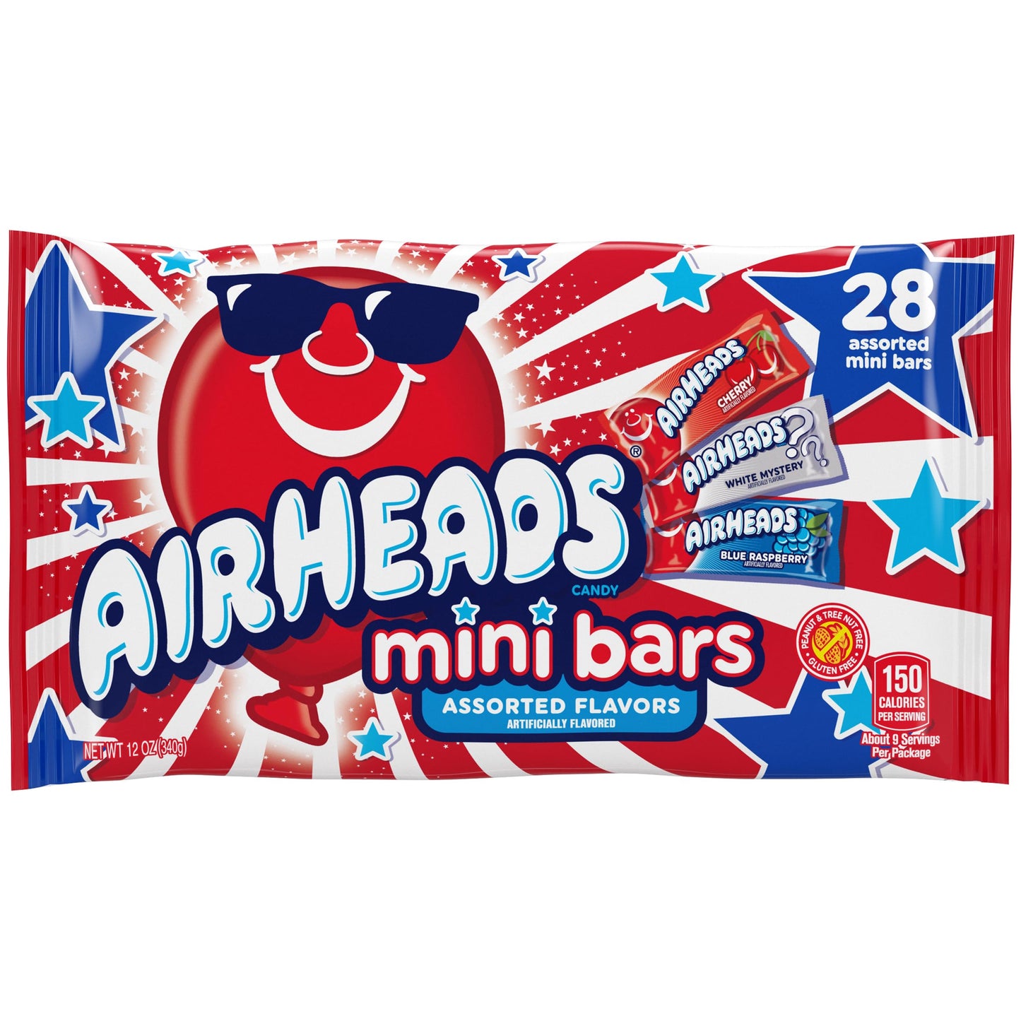 Airheads Mini-Size Bars Red, White & Blue, Taffy Candy Assorted Bag, Individually Wrapped Candy, Three Assorted Flavors, 12Oz