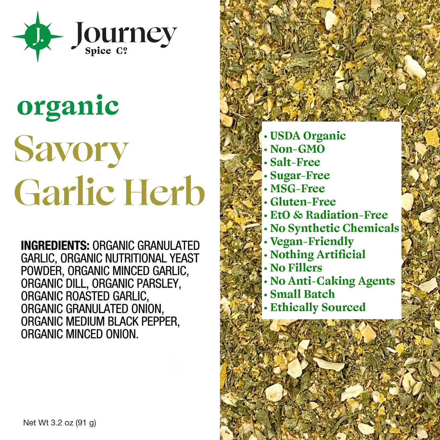 Organic Savory Garlic Herb Seasoning By Journey Spice Co. | Salt-Free, Sugar-Free, Non-Gmo, Msg-Free | Natural Mediterranean Ita