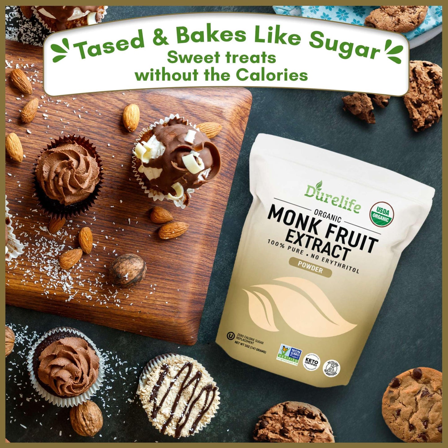 Durelife Organic 100% Pure Monk Fruit Sweetener, No Erythritol, Monkfruit Extract Powder, Usda Organic Non-Gmo Project Verified, Keto Certified Ou Kosher No Fillers Zero Calorie Sugar Substitute 10 Oz