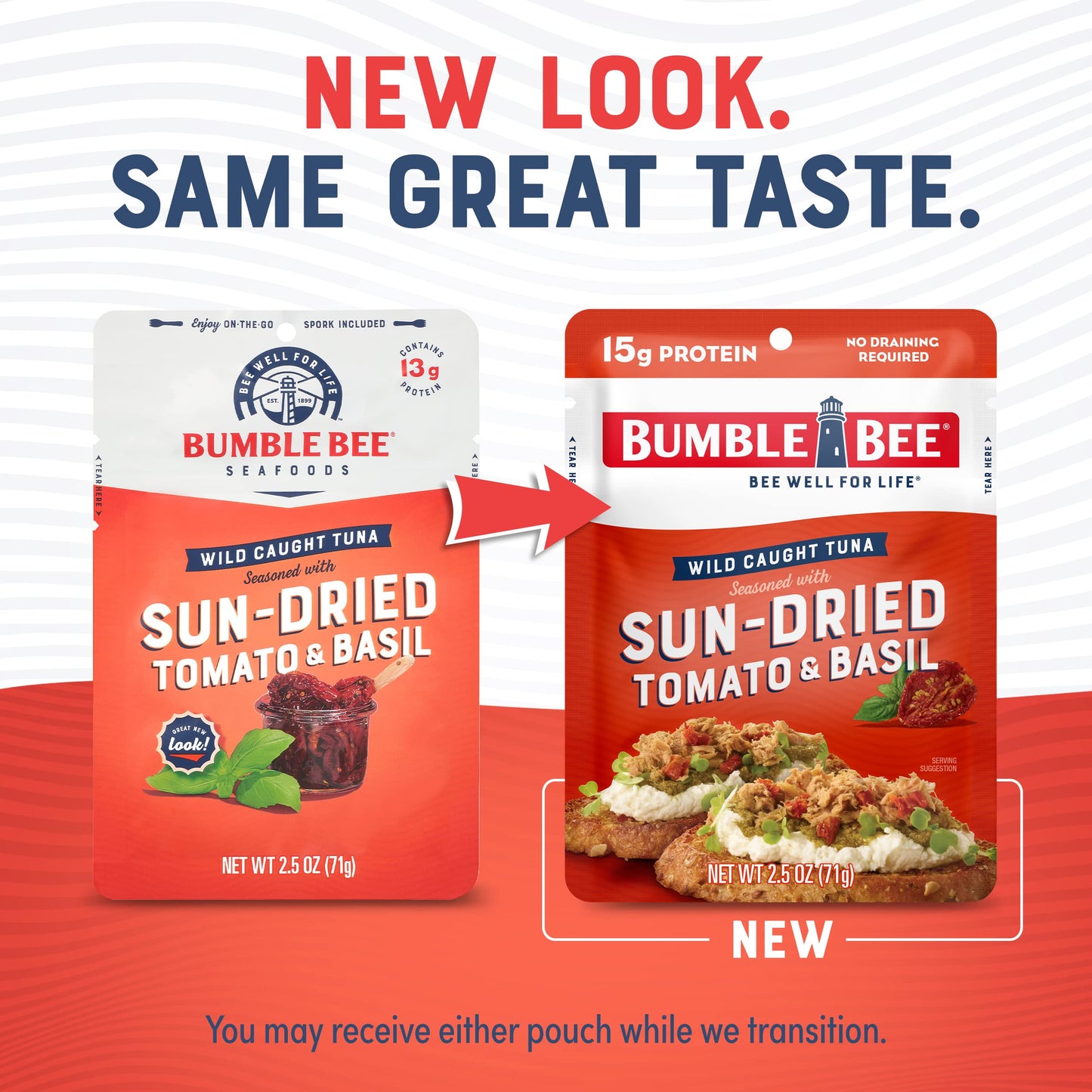 Bumble Bee Sun-Dried Tomato & Basil Seasoned Tuna, 2.5 oz Pouches (Pack of 12) - Ready to Eat - Wild Caught Tuna Packet - 15g Pr