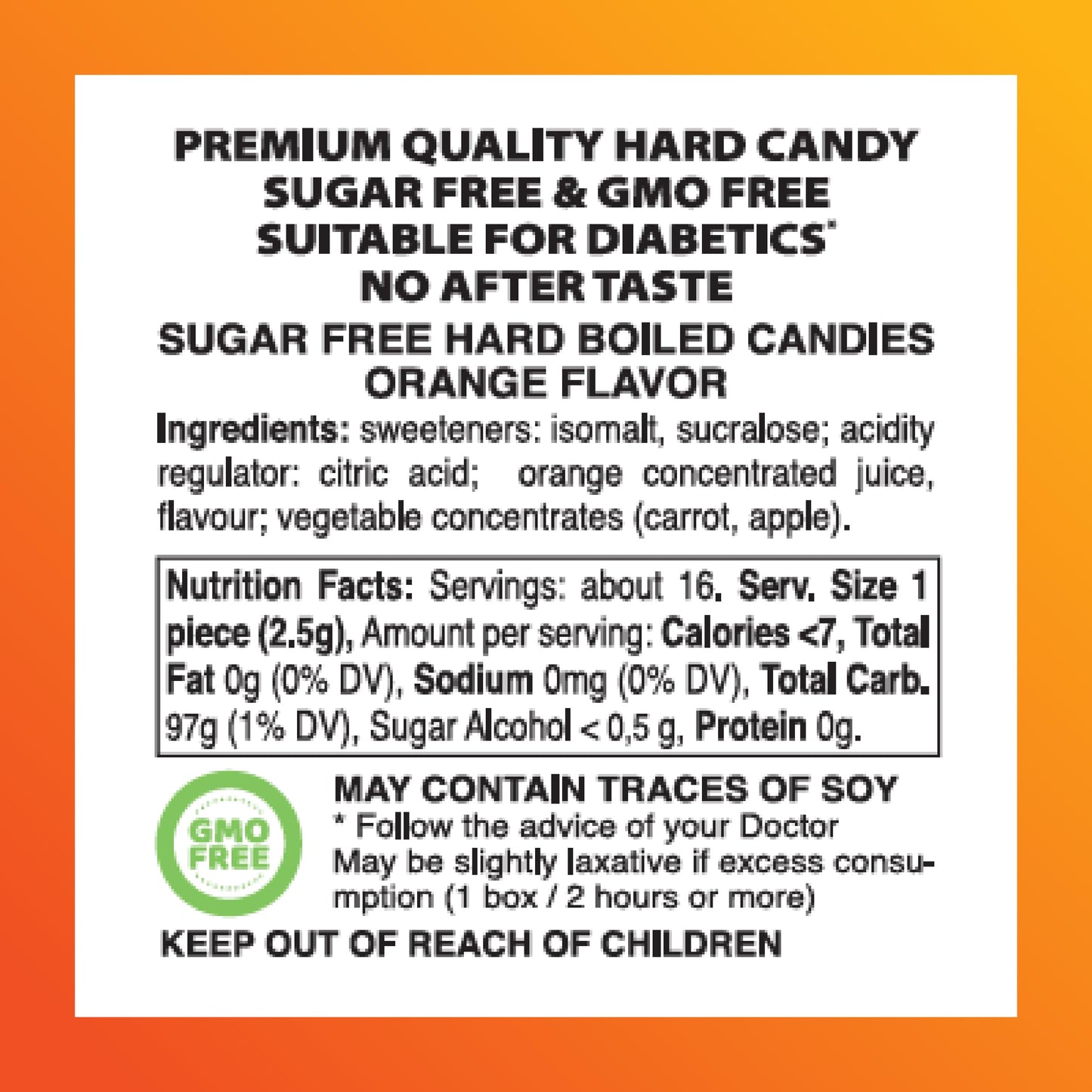 Swiss Imports Sugar Free Bonbons Hard Candy Drops Bocca Box, Orange, 200 Individually Wrapped Pieces, 500G/17.6Oz