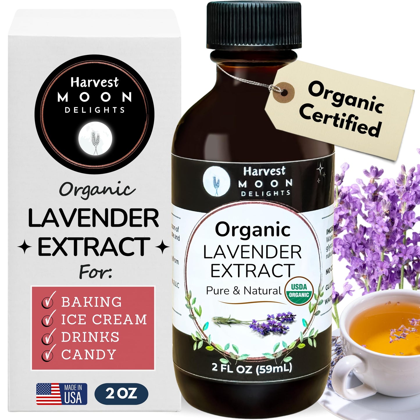 Organic Lavender Extract for Baking, Ice Cream, Drinks, and Candy - 2 oz - Water-Soluble - By Harvest Moon Delights - Pure Laven