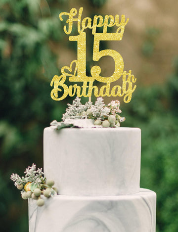 15th Birthday Cake Topper - Double Sided Gold Glitter, Happy 15th birthday Cake Topper for girls,15 Cake decorations For girls, 