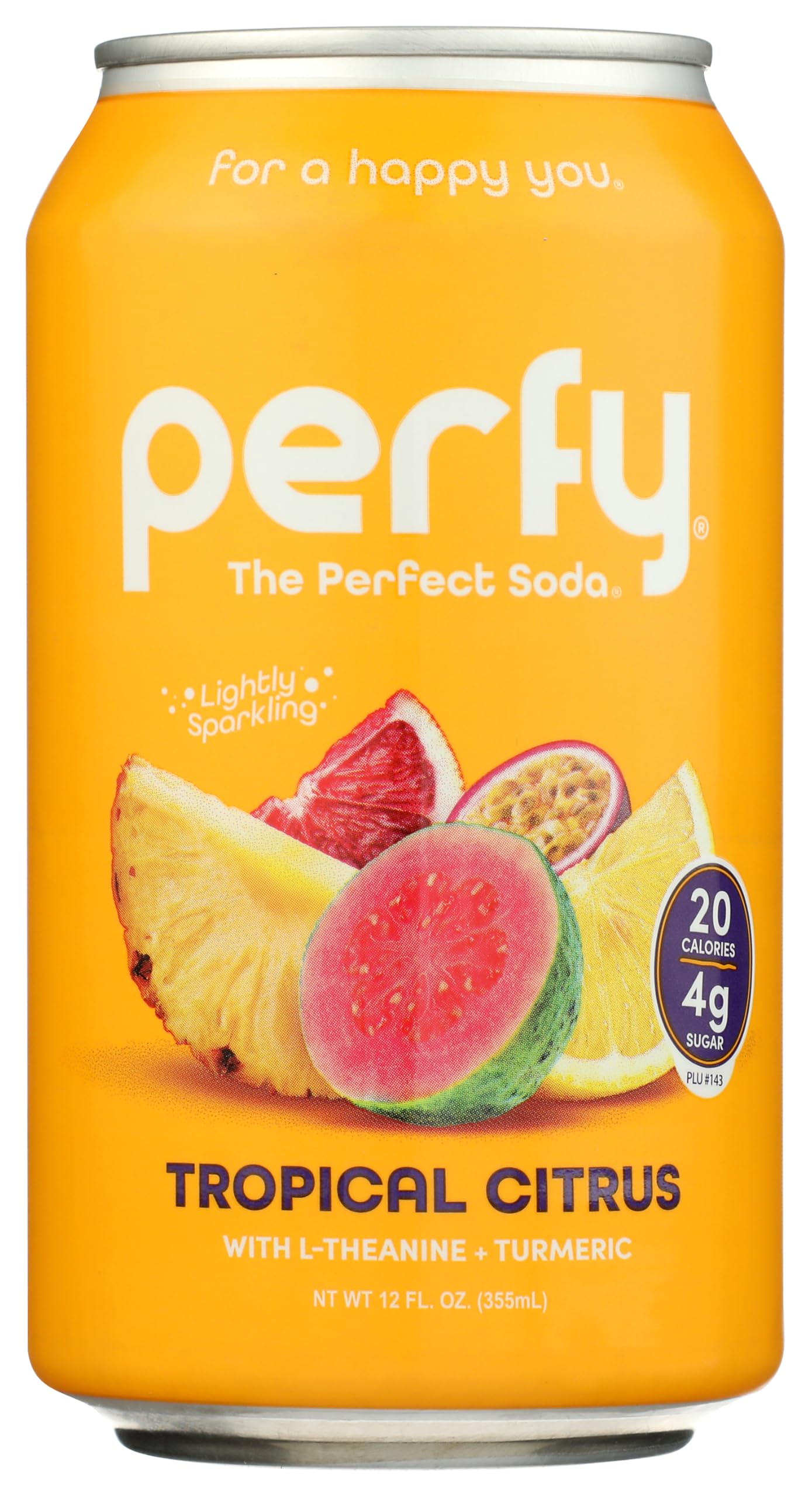 Perfy Soda Superfood Nootropic Soft Drink | Low Sugar  Low Carb  Gluten Free  Energy Blend Free  Keto Soda | All Natural Soft Drink Made With Real Fruit Juice  L-Theanine & Turmeric | 12 Pack (Tropical Citrus)