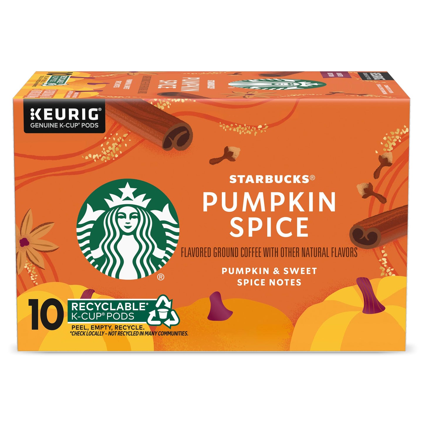 Starbucks K-Cup Coffee Pods Pumpkin Spice Flavored 100% Arabica 10 Count Orange