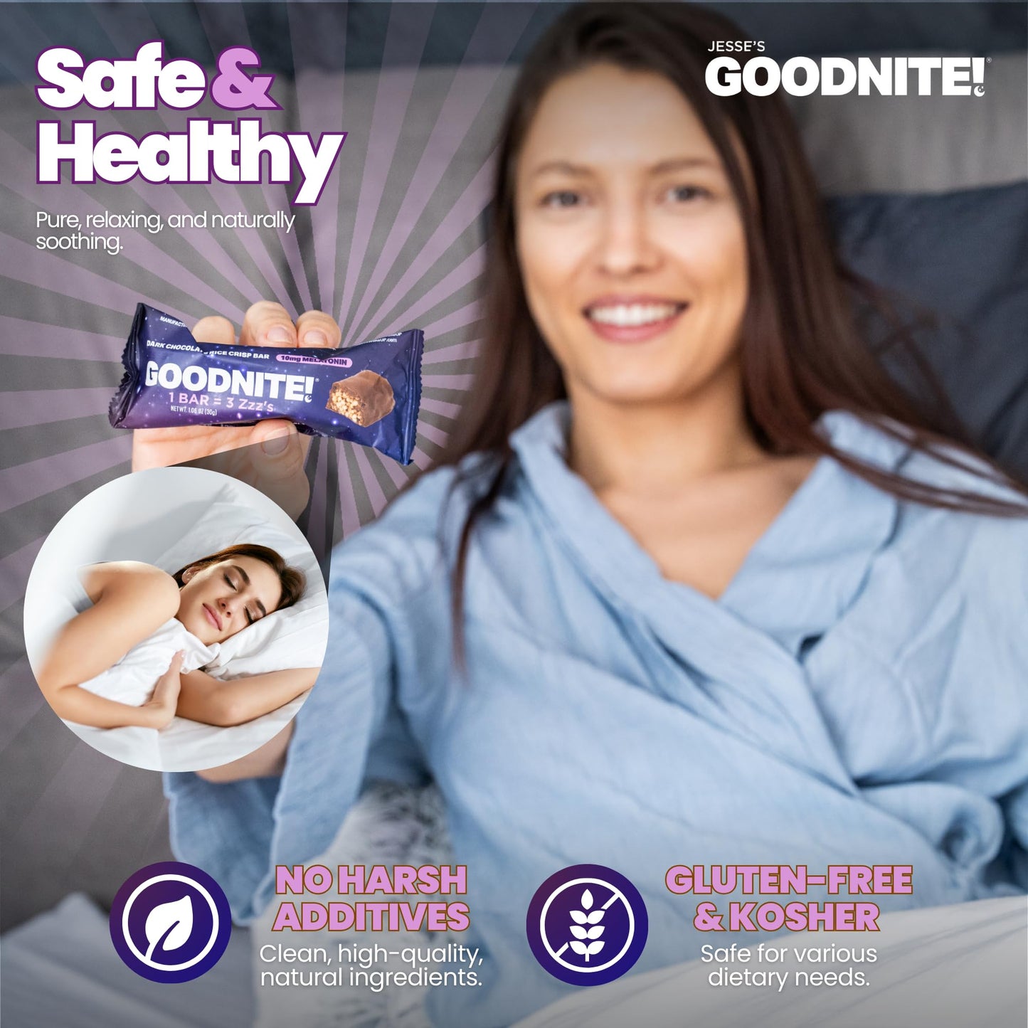Jesses WakeUP! GOODNITE! Sleep Bites – Vegan Dark Chocolate Protein Snack with 5mg Melatonin – 8 Pack