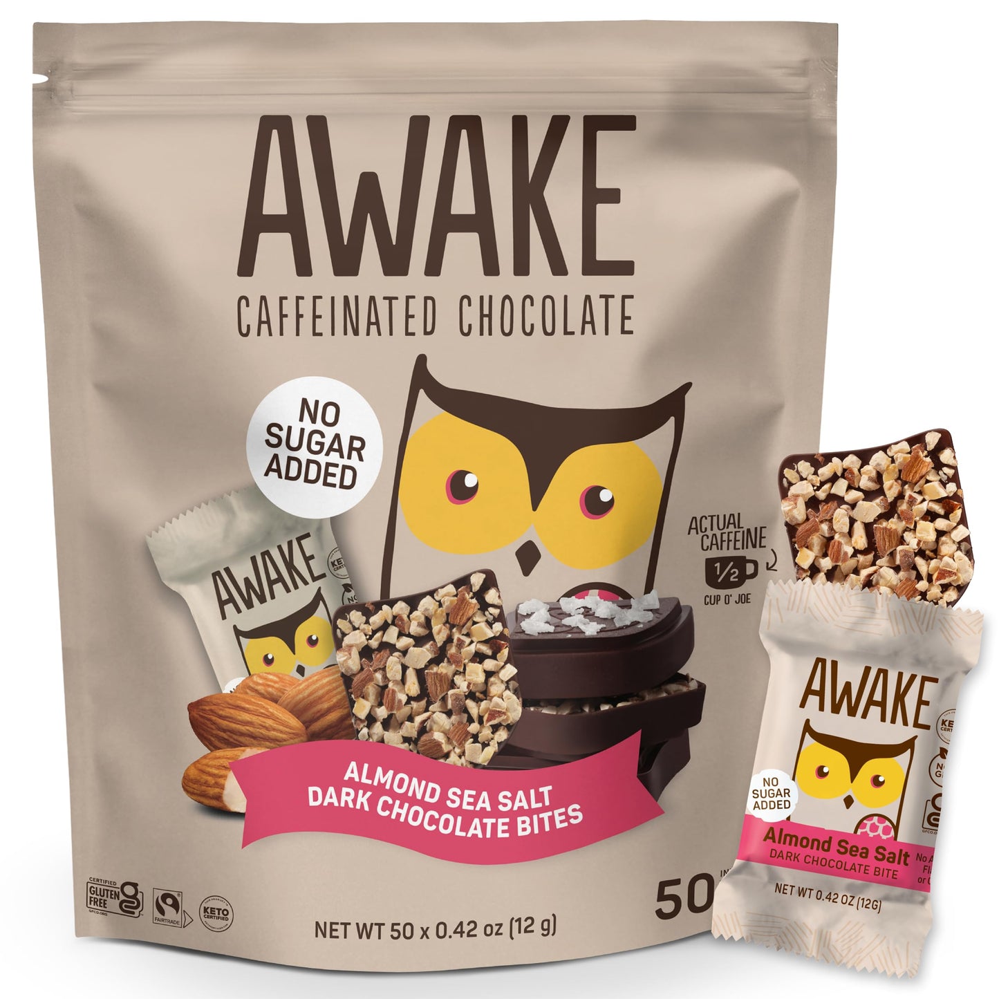 AWAKE - Caffeinated Chocolate Bites - Almond Sea Salt Dark Chocolate (No Sugar Added)  50 Bites - 50mg Caffeine - Energy Bites - Coffee Alternative - Fairtrade  Gluten Free  Non GMO - 0.48oz
