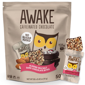 AWAKE - Caffeinated Chocolate Bites - Almond Sea Salt Dark Chocolate (No Sugar Added)  50 Bites - 50mg Caffeine - Energy Bites - Coffee Alternative - Fairtrade  Gluten Free  Non GMO - 0.48oz