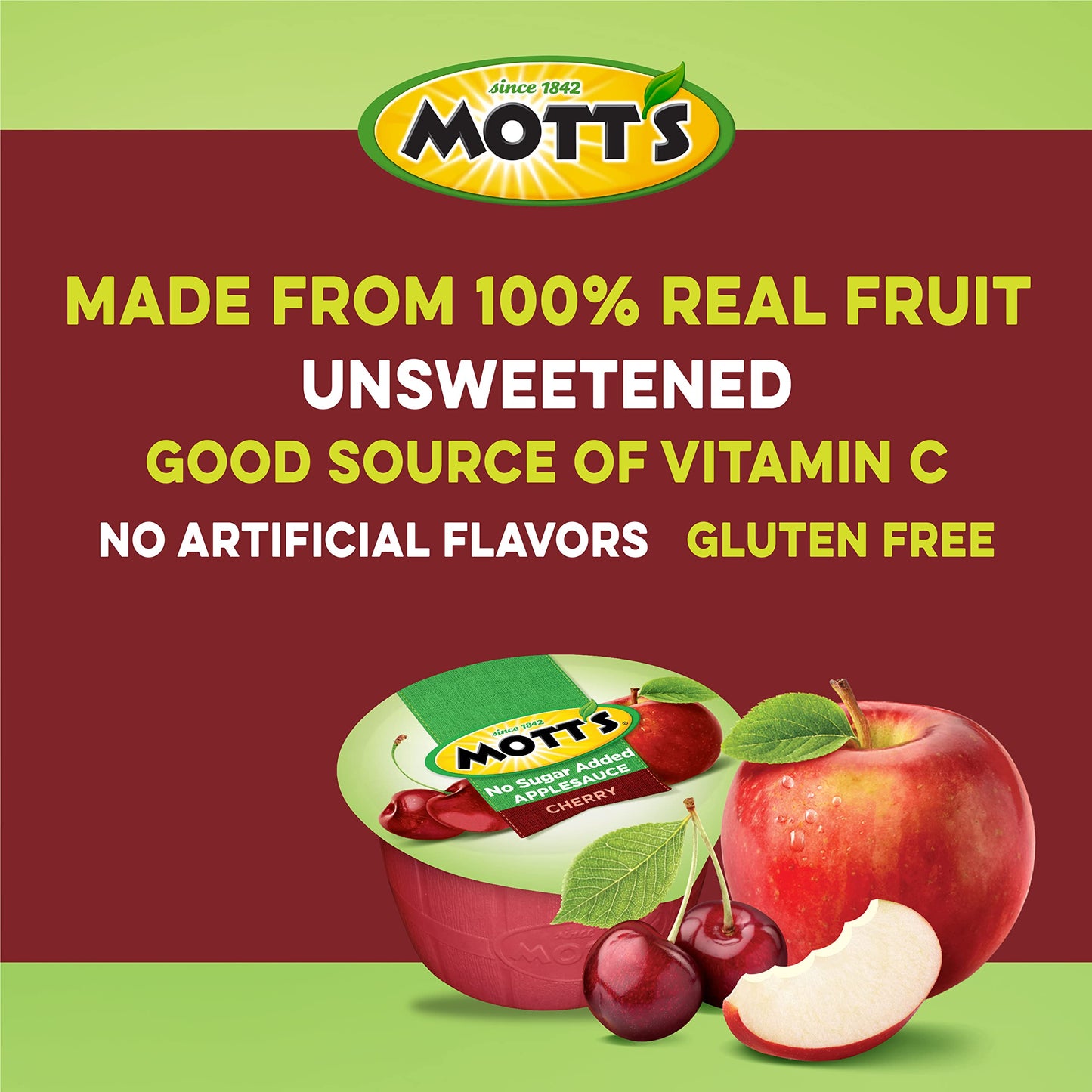 Mott's No Sugar Added Cherry Applesauce, 3.9 Oz Cups, 72 Count, Good Source of Vitamin C, No Artificial Flavors