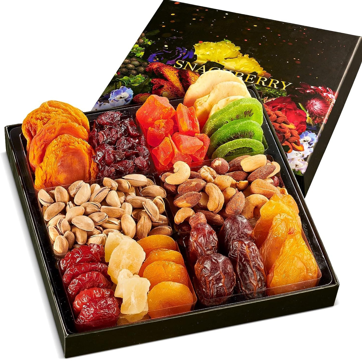 Snackberry Dried Fruit & Nuts Gift Basket, Gourmet Snack Box, Healthy Kosher, 6-Pack Assortment for Christmas, New Years, Birthday