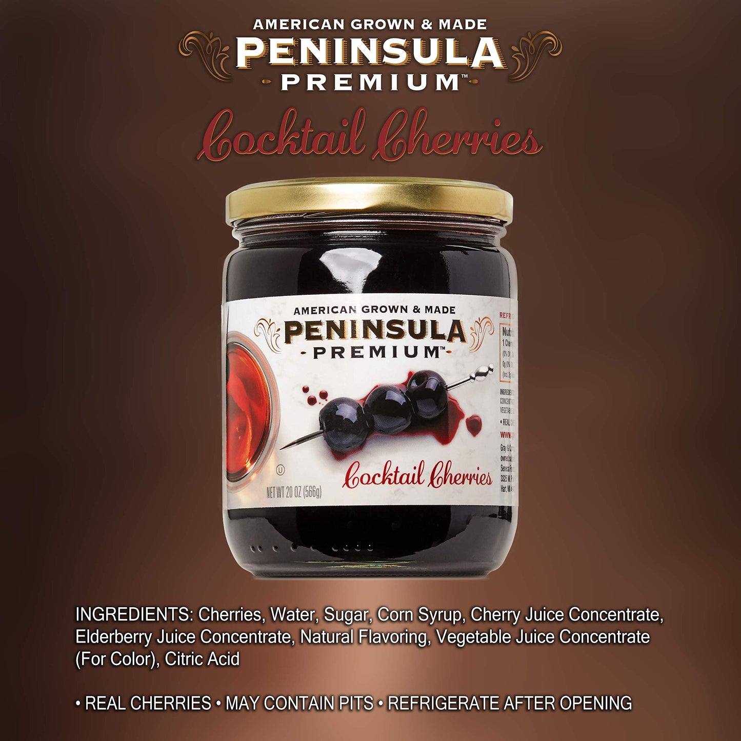 PENINSULA PREMIUM Cocktail Cherries - Gourmet, Sweet-Tart Flavor, 20 Oz, Deep Bur dy-Red, Silky Smooth Syrup