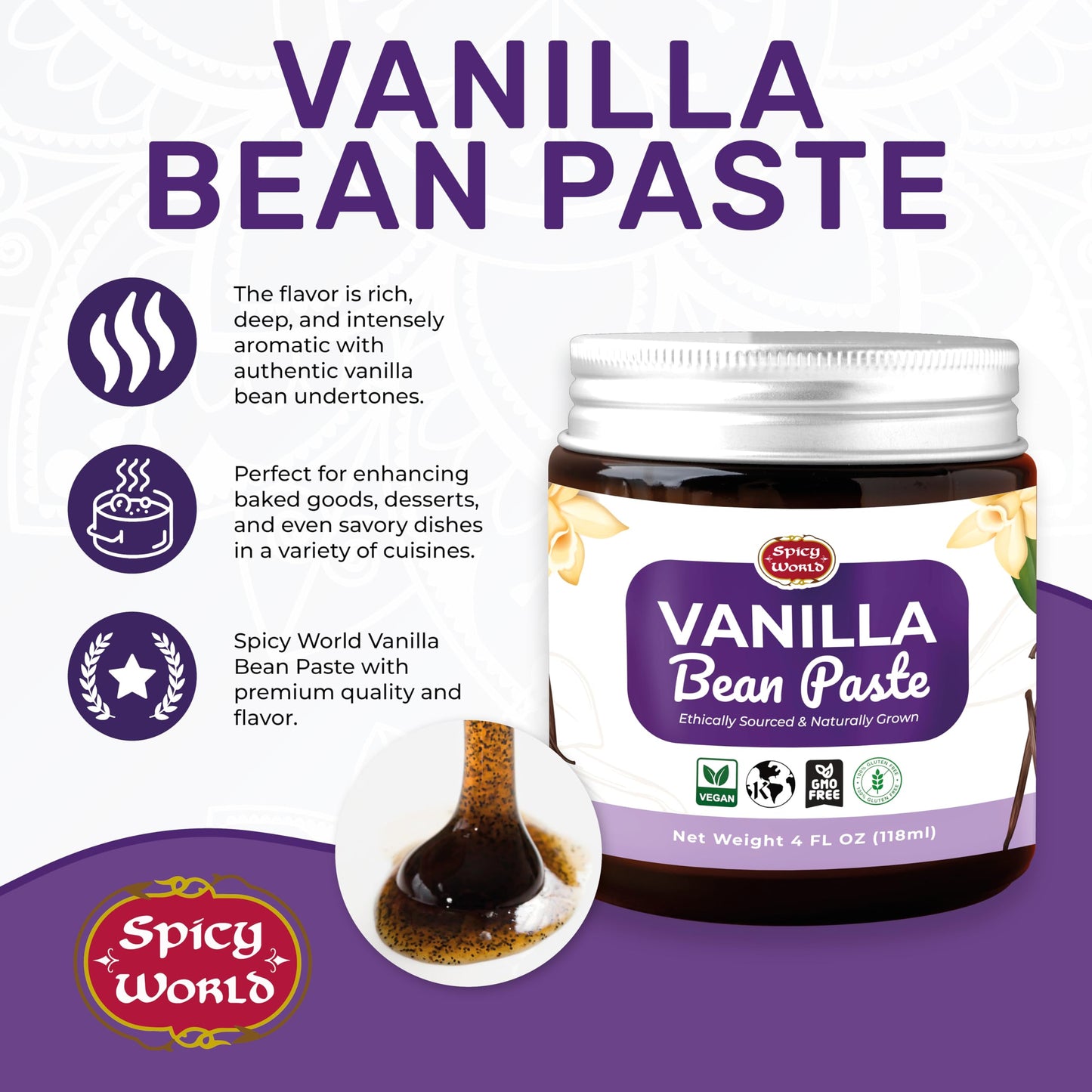 Spicy World Vanilla Bean Paste 4Oz Jar - All Natural & Pure - Made With Organic Agave Syrup - For Cooking, Baking & Desserts - 1