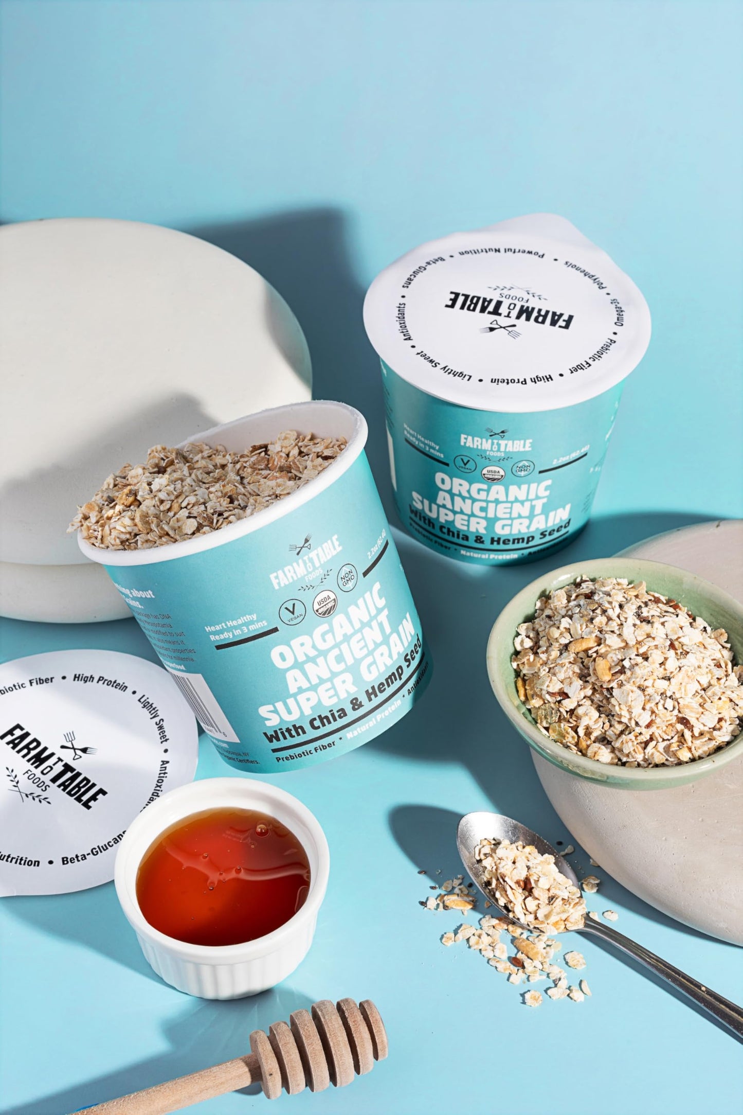 Farm To Table Foods Organic Ancient Super Grain Oatmeal Individual Serving Cups, With Chia And Hemp Seed - High Protein, Non-Gmo