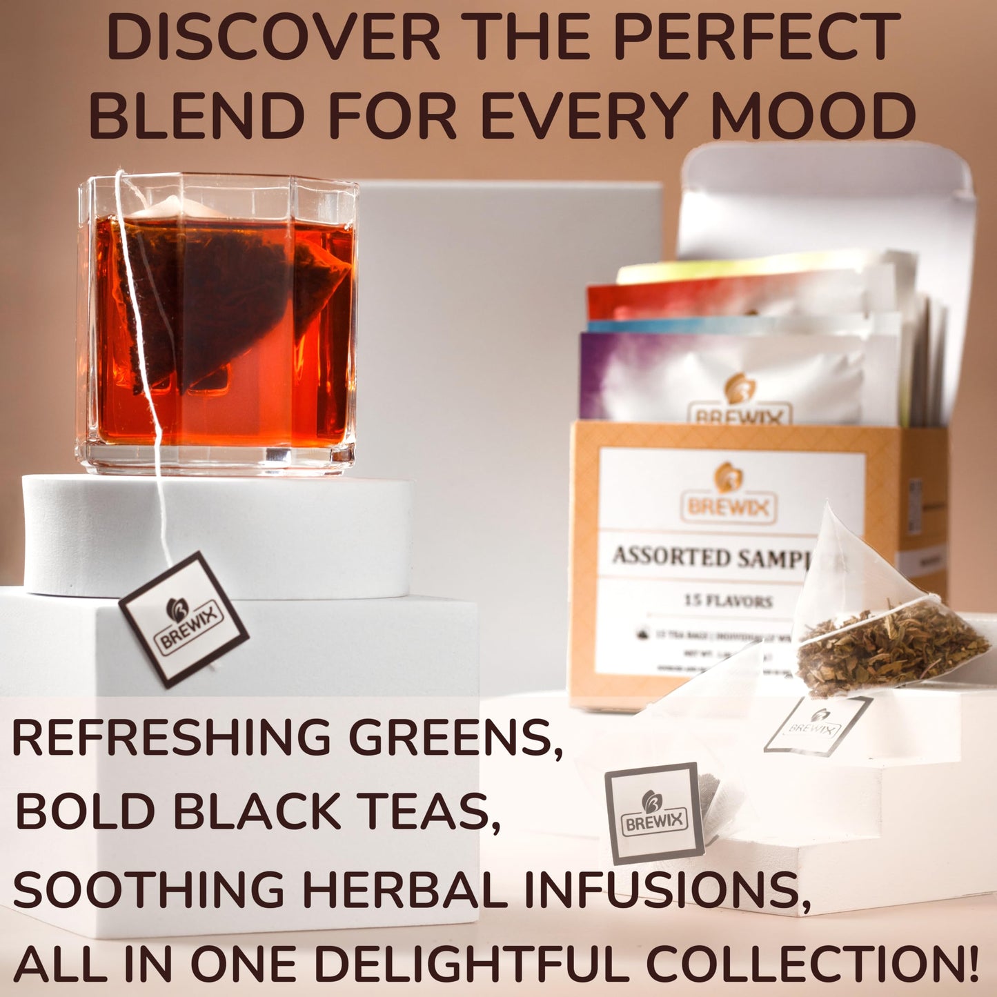 Brewix Enhanced Assorted Tea Sampler Gift Box (15 Pyramid Individually Wrapped Tea Bags) | Herbal Tea, Black Tea, Green Tea | Tea Gift Set & Variety Pack | Gifts For Women & Men, Tea Set