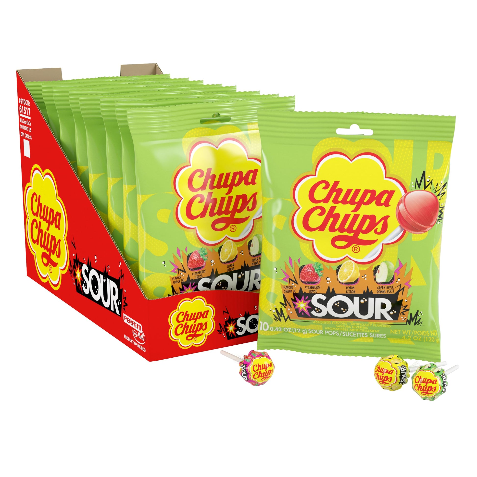 Chupa Chups SOUR Lollipops Variety Pack, Lemon, Strawberry, Apple Flavors, 4.2 oz (Pack of 8), Individually Wrapped Holiday Candy