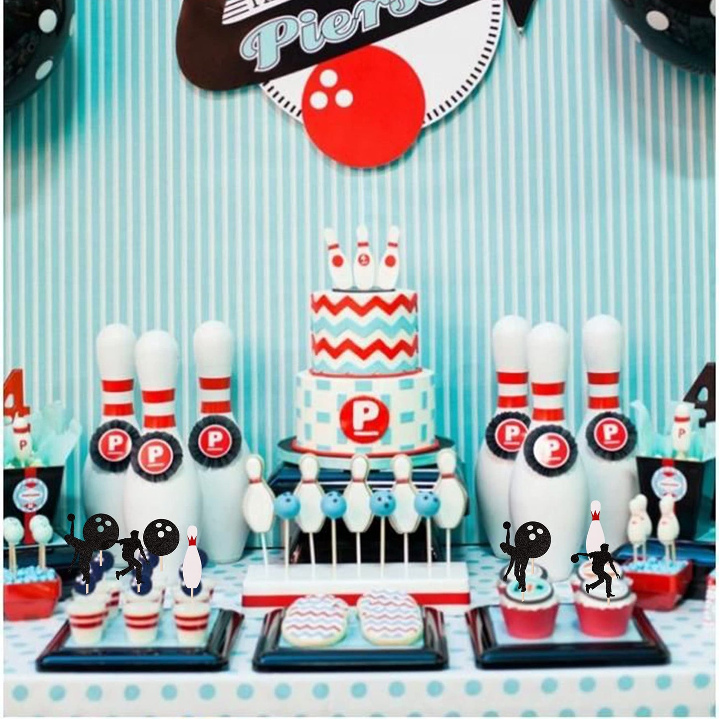 24 Pcs Bowling Cupcake Toppers Glitter Bowling Alley Players Cupcake Picks Indoor Sport Baby Shower Birthday Party Cake Decorati
