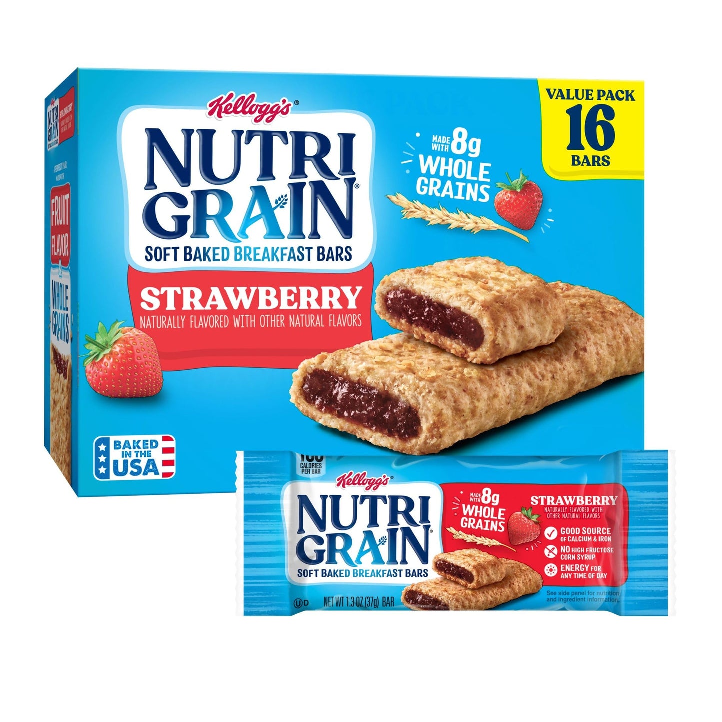 Nutri-Grain Soft Baked Breakfast Bars, Made With Whole Grains, Kids Snacks, Value Pack, Strawberry, 20.8Oz Box (16 Bars)