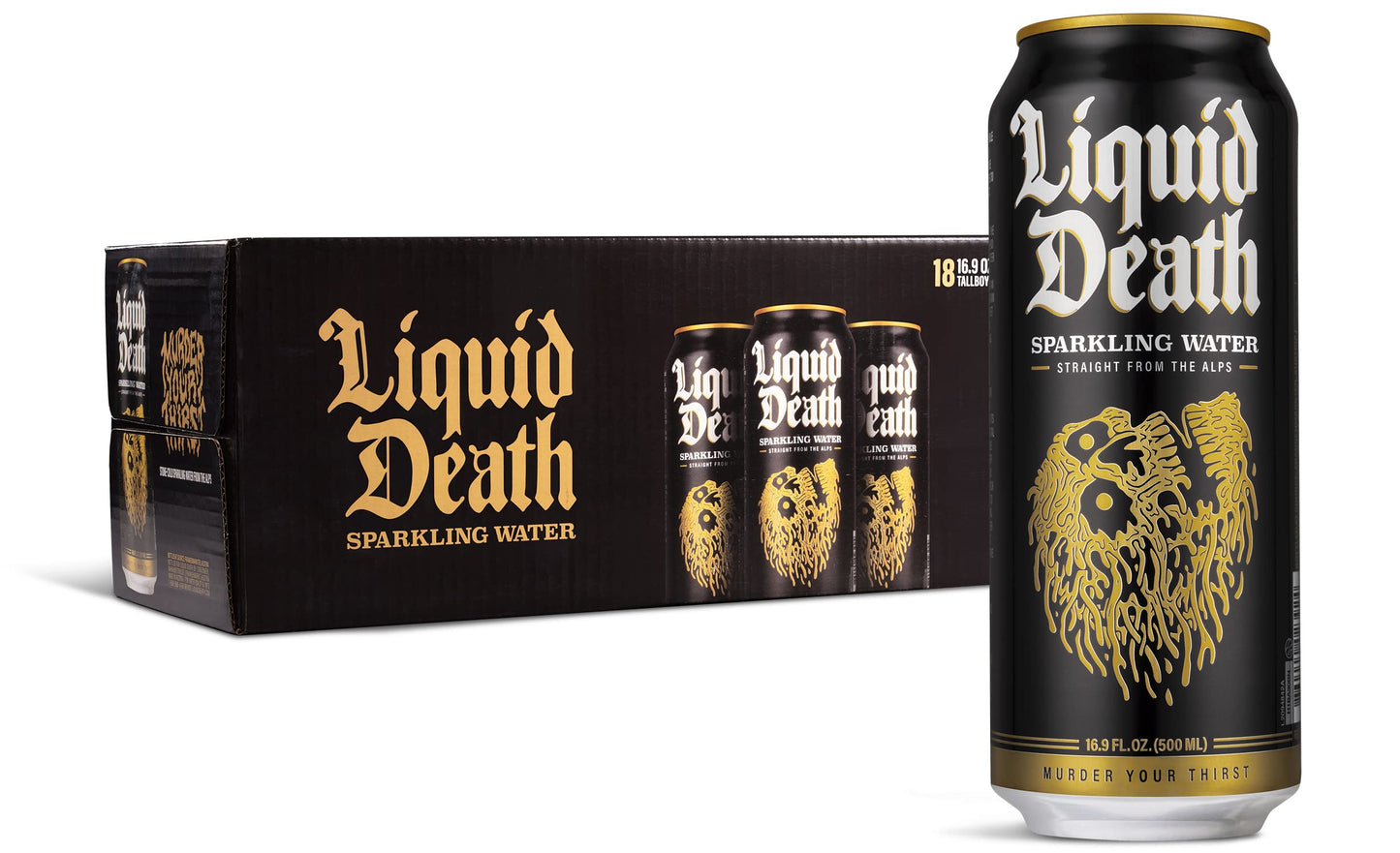Liquid Death  Sparkling Mountain Water  18-Pack (Tallboy Size 16.9oz Cans)  Real Mountain Source  Natural Minerals & Electrolytes