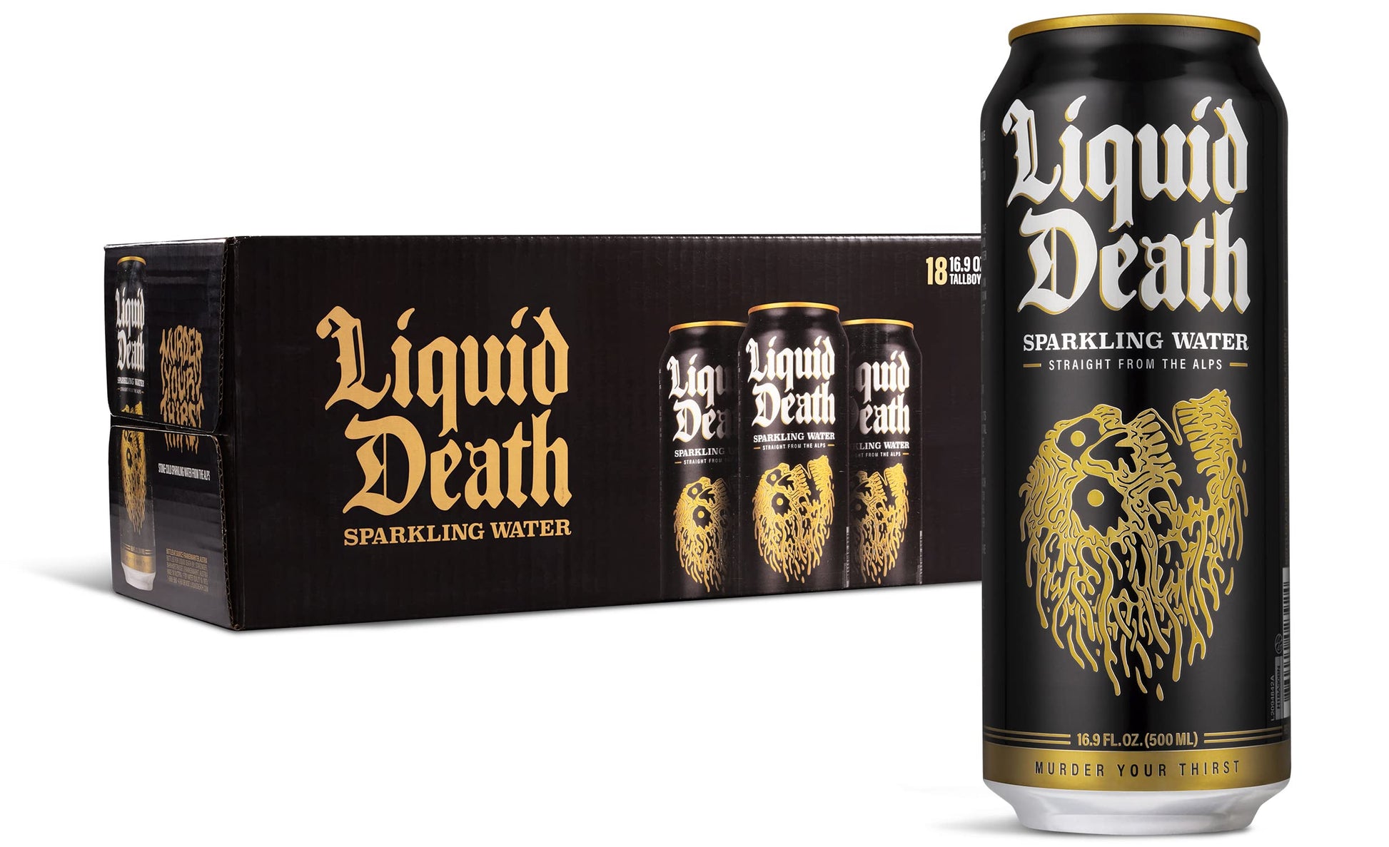 Liquid Death  Sparkling Mountain Water  18-Pack (Tallboy Size 16.9oz Cans)  Real Mountain Source  Natural Minerals & Electrolytes