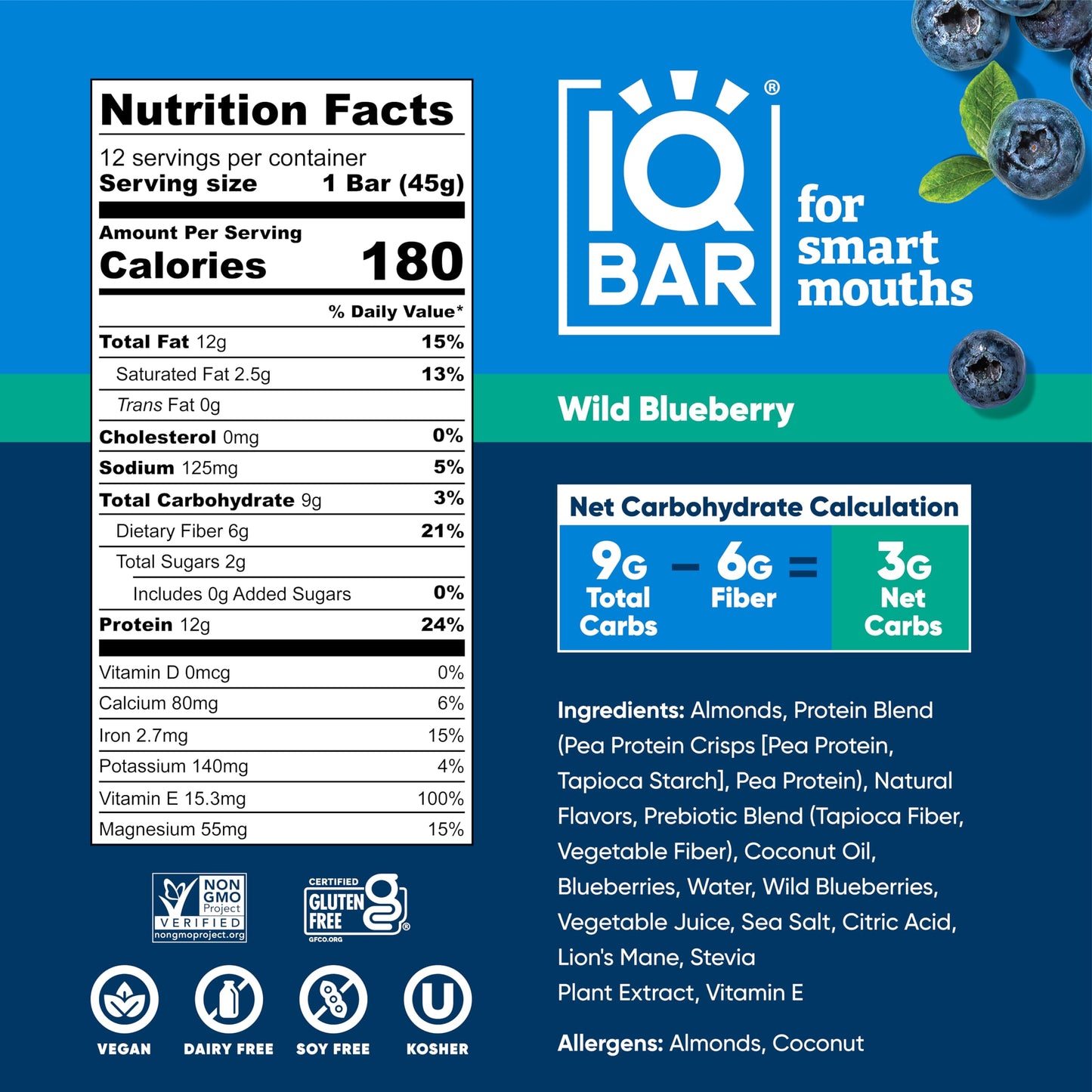 IQBAR Brain and Body Plant Protein Bars - Wild Blueberry - 12 Count, Low Carb, High Fiber, Gluten Free, Healthy Vegan Snacks - L