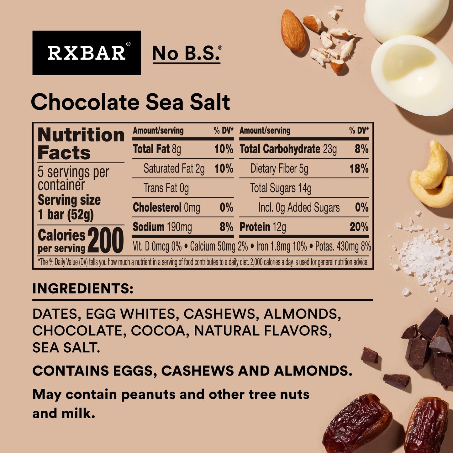 Rxbar Protein Bars, Protein Snack, Snack Bars, Chocolate Sea Salt, 9.15Oz (5 Bars)
