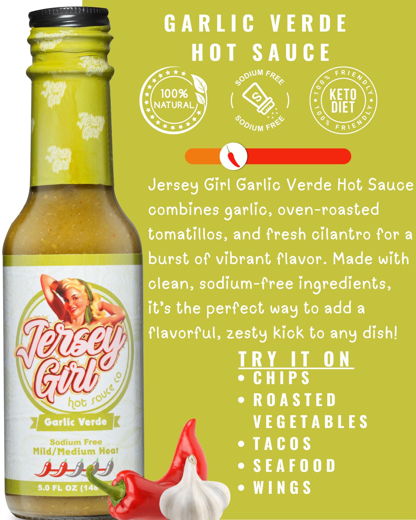 Jersey Girl Hot Sauce - Garlic Verde - No Added Salt - Naturally Sodium Free - All-Natural Healthy Ingredients With Hand-Picked