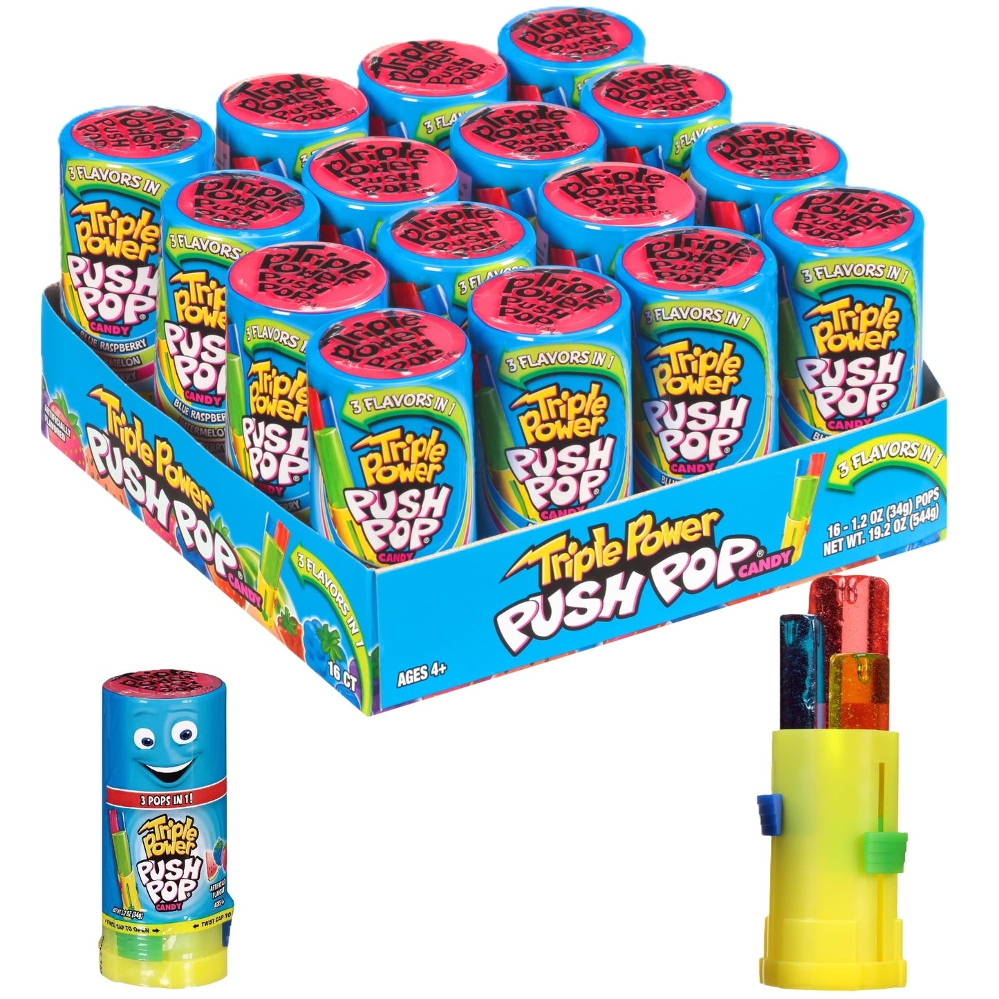 Push Pop Triple Power Three-in-One Individually Wrapped Bulk Lollipop Variety Party Pack - 16 Count Lollipops in Assorted Fruity