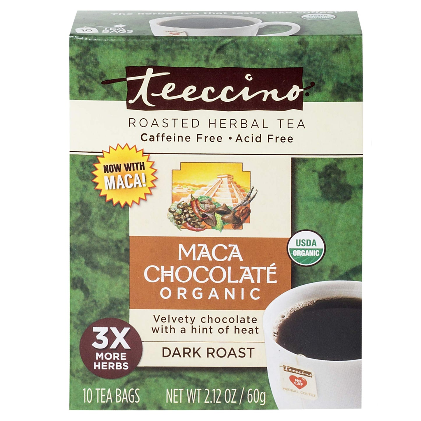 Teeccino Chocolate Herbal Tea Bags, Caffeine Free, 10 Count (Pack of 6), Model 40130