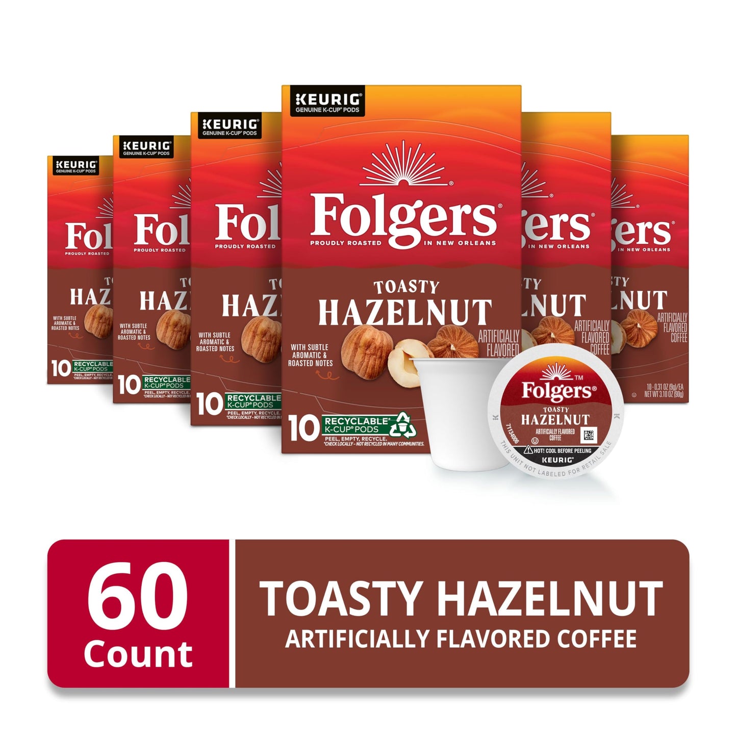 Folgers Toasty Hazelnut Coffee, Keurig K-Cup Pods, 10 Count Box (Pack of 6) - Flavorful Hazelnut Blend for Convenient Brewing