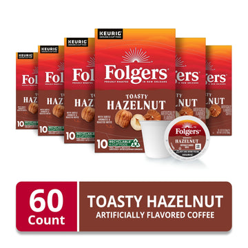 Folgers Toasty Hazelnut Coffee, Keurig K-Cup Pods, 10 Count Box (Pack of 6) - Flavorful Hazelnut Blend for Convenient Brewing