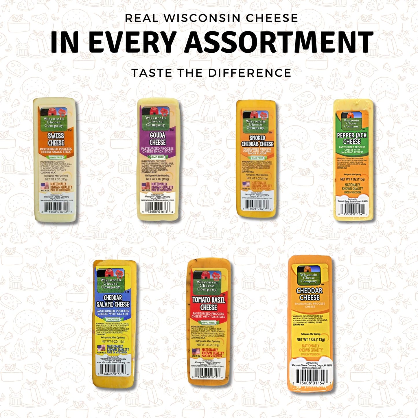 Wisconsin Cheese Company – 100% Wisconsin Specialty Cheese Block Sampler Holiday Gift Pack (7 Blocks) – Cheddar, Pepper Jack, Swiss, Gouda, Salami, Smoked Cheddar & Tomato Basil | Perfect For Parties, Charcuterie Boards, And Holiday Gifts