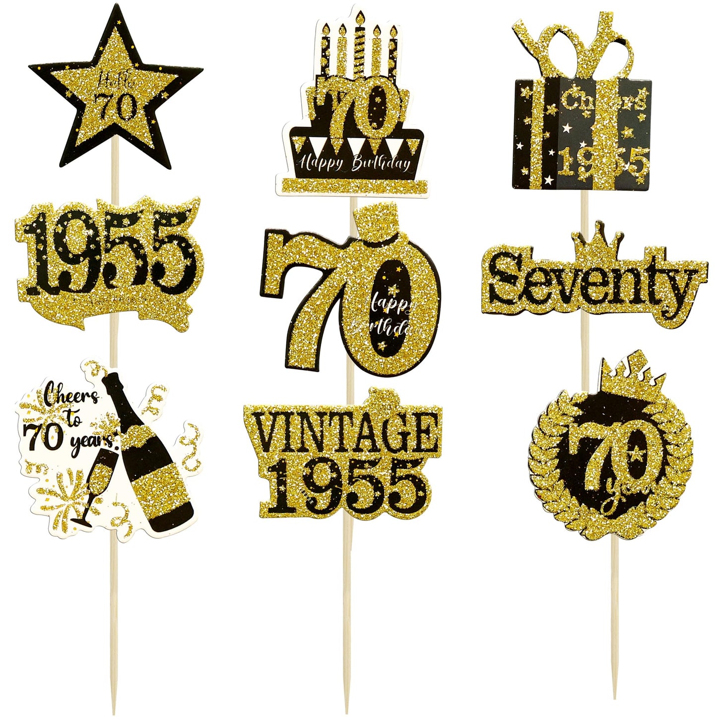 Gyufise 36Pcs Happy 70Th Birthday Cupcake Toppers Glitter Black Gold Seventy Hello 70 Vintage 1955 Cupcake Picks Cheers To 70 Ye