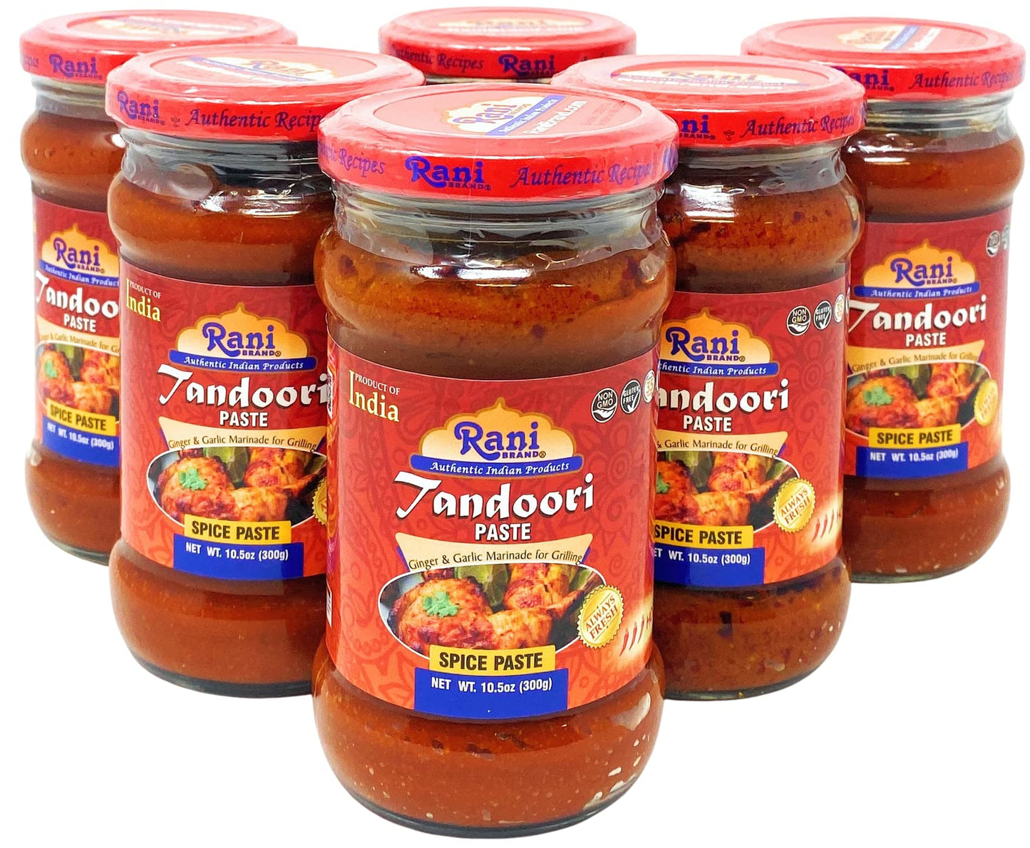 Rani Tandoori Paste (No Colors) 10.5Oz (300G) Glass Jar, Pack Of 5+1 Free ~ For Tandoori Chicken, Chicken Tikka, Paneer Tikka |