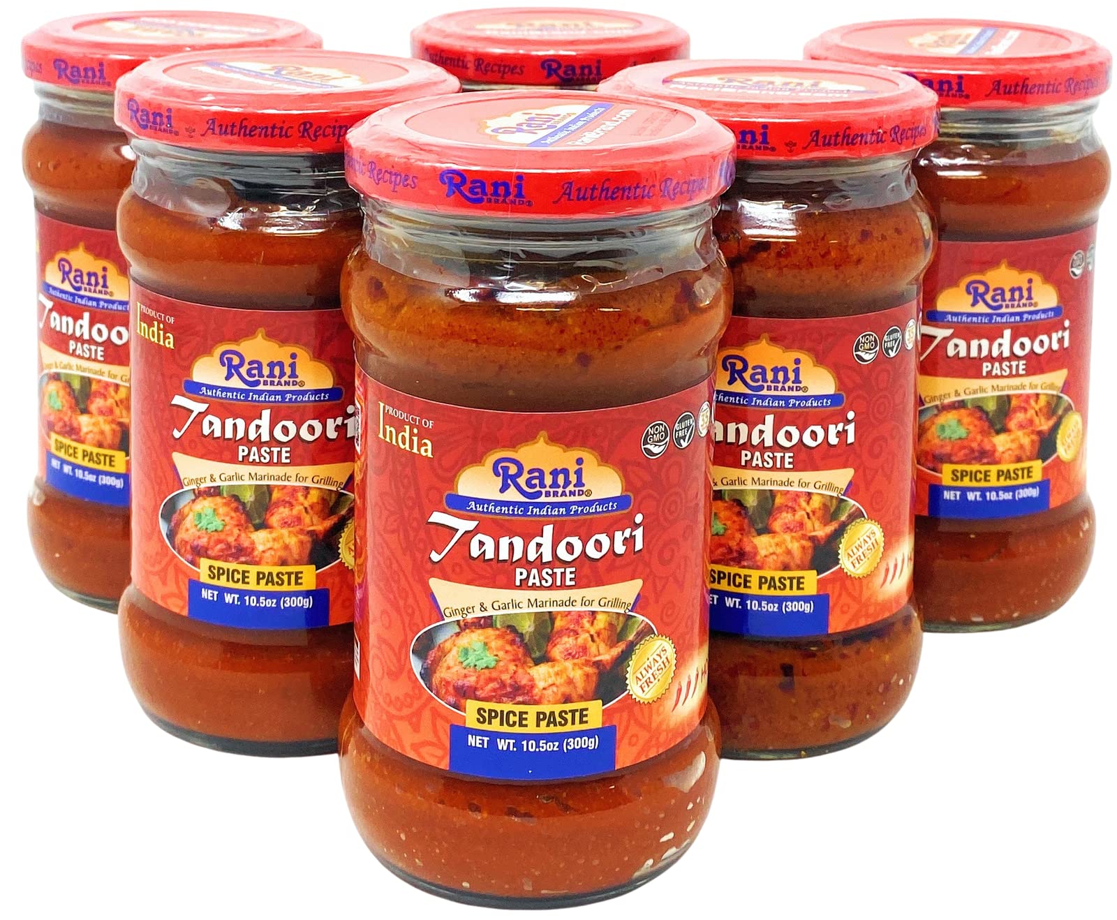 Rani Tandoori Paste (No Colors) 10.5Oz (300G) Glass Jar, Pack Of 5+1 Free ~ For Tandoori Chicken, Chicken Tikka, Paneer Tikka |