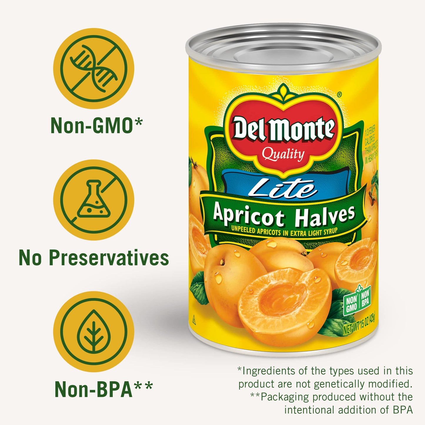 Del Monte Lite Apricot Halves in Extra Light Syrup, Canned Fruit, 15 oz Can (12 Pack)