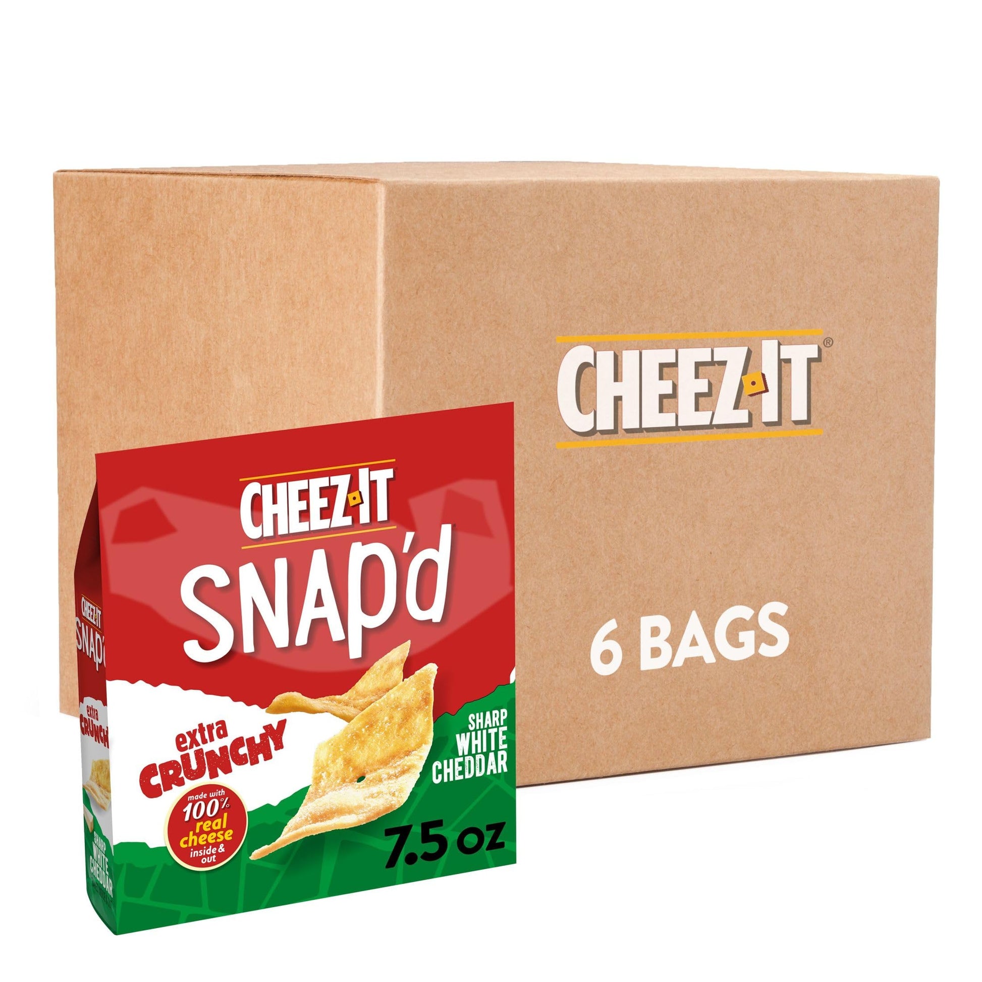 Cheez-It Snap'D Cheese Cracker Chips, Thin Crisps, Extra Crunchy, Sharp White Cheddar (6 Bags)