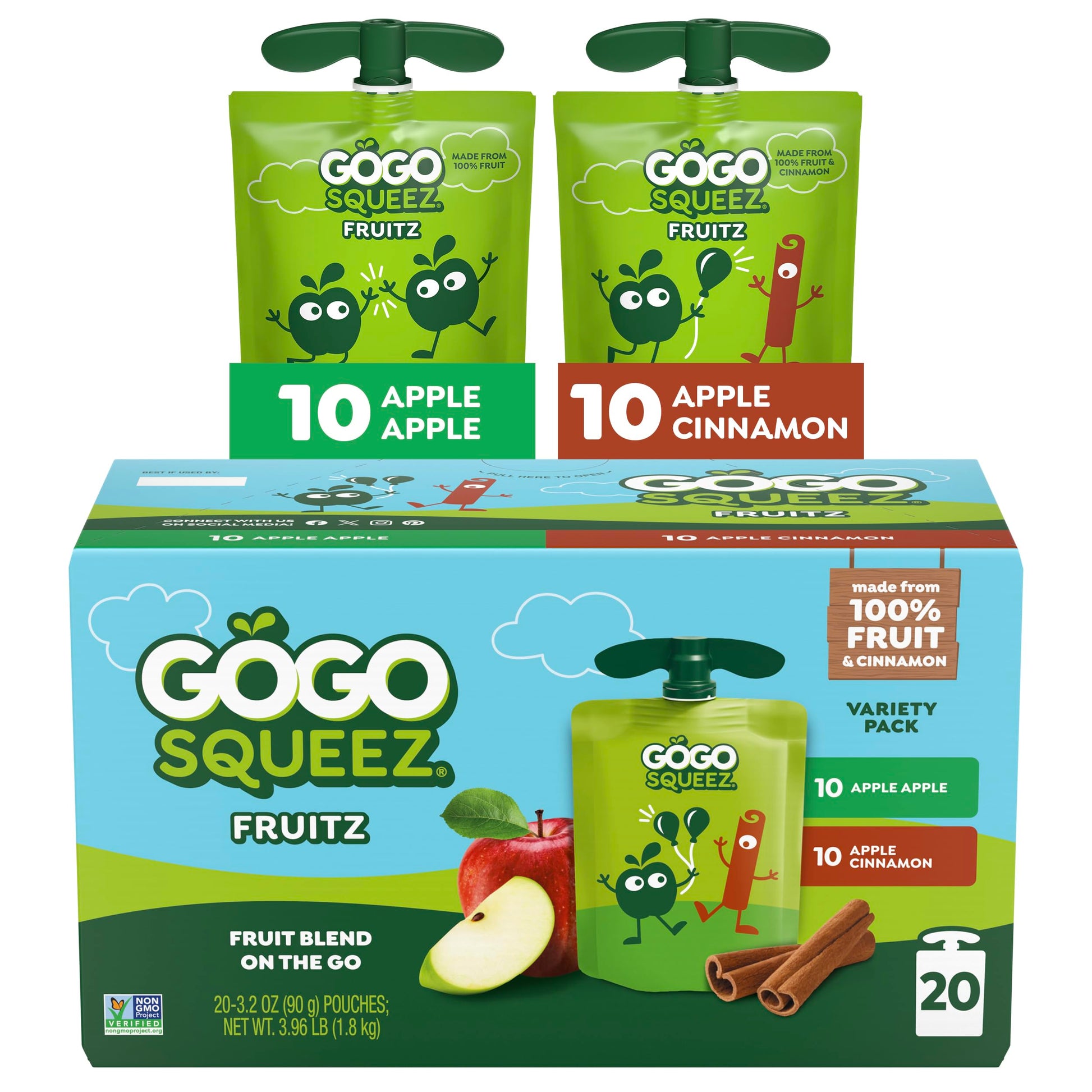 GoGo squeeZ Applesauce & Fruit Puree Variety Pack, Apple & Cinnamon, 3.2 oz (Pack of 20), Gluten Free, BPA Free
