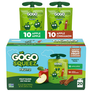 GoGo squeeZ Applesauce & Fruit Puree Variety Pack, Apple & Cinnamon, 3.2 oz (Pack of 20), Gluten Free, BPA Free