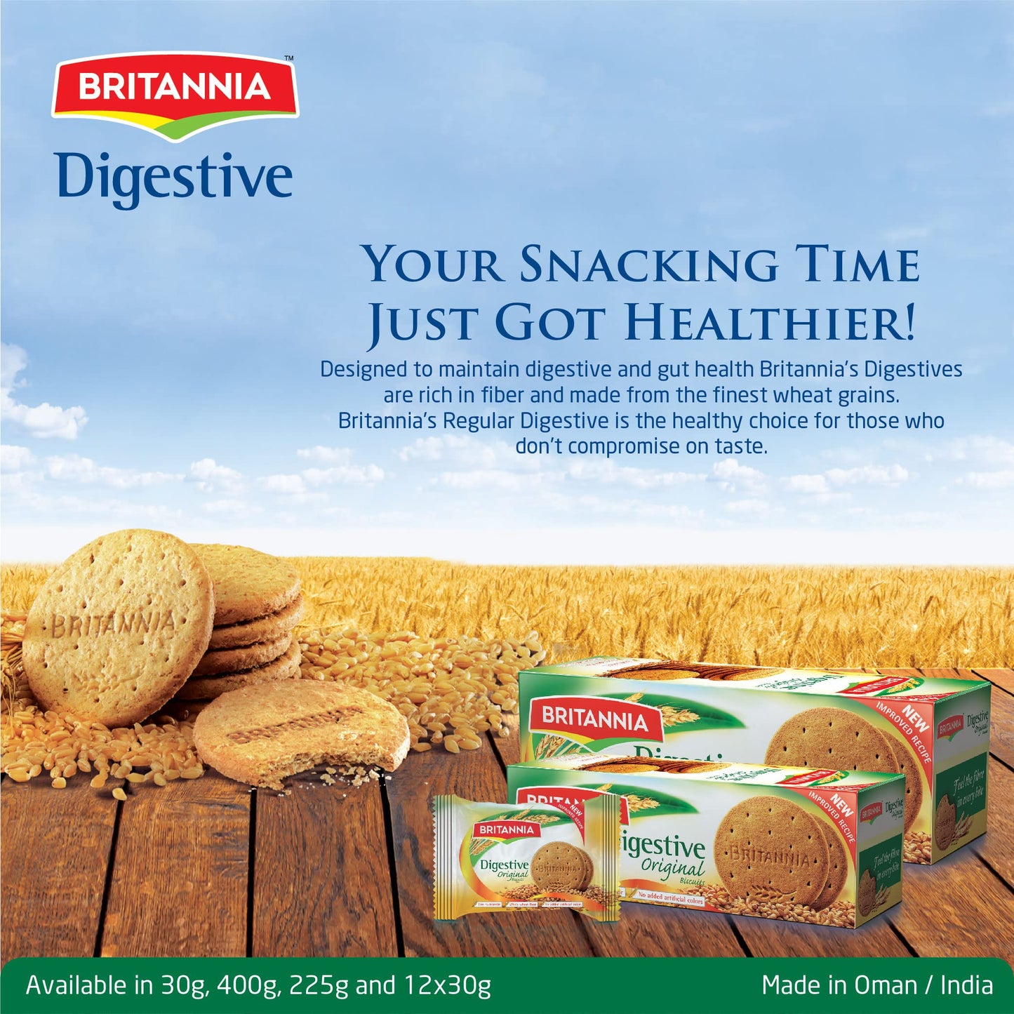 Britannia Digestive Original Biscuits 14.11Oz (400G) - Whole Wheat Flavor Cookies - Breakfast & Tea Time Healthy Snacks (Pack Of