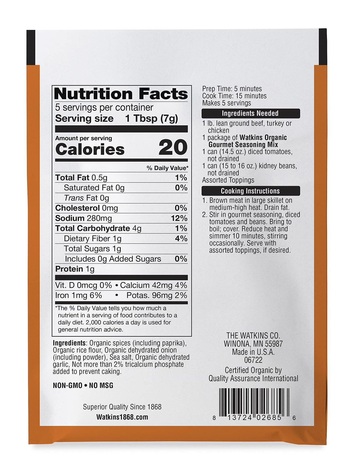 Watkins Organic Gourmet Seasoning Mix, Mild Chili, 1.25 Oz. Pouch, 1 Count (Pack of 4)