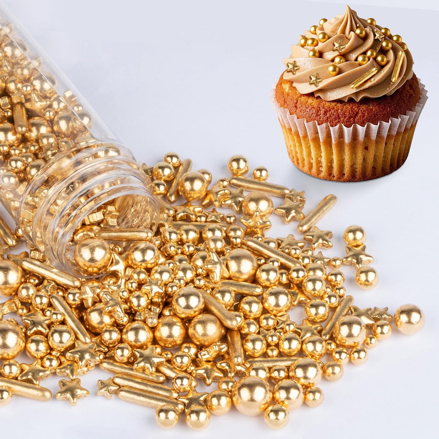 Sugarzy Edible Pearl Sprinkles, Gold Pearl Star Rods, 130g Baking Decorations for Cakes, Cupcakes, Cookies, and Ice Cream
