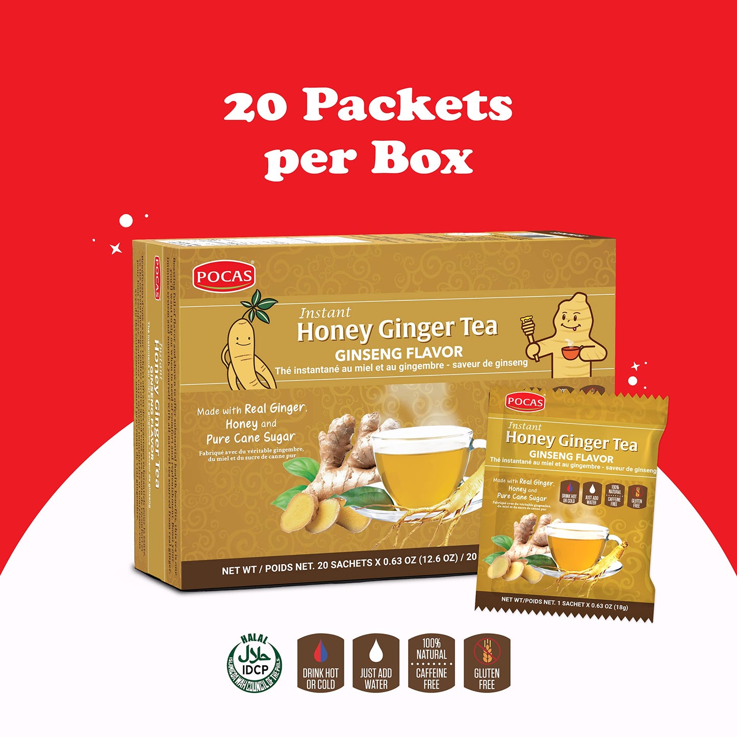 Pocas Honey Ginger Instant Tea Powder, Ginseng Flavor, Caffeine-Free, 20 Count (Pack of 2)