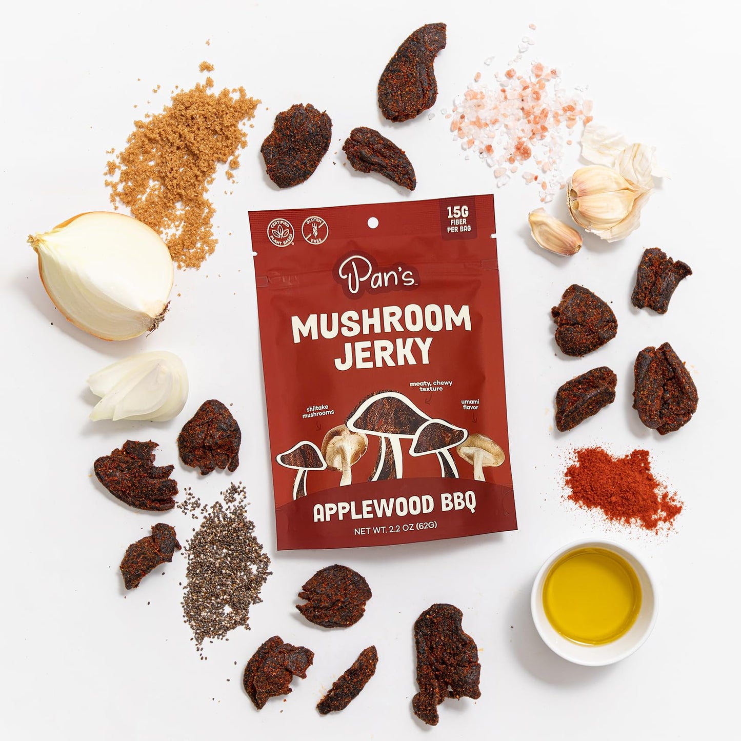 Pans Mushroom Jerky, Vegan Dried Shiitake Snacks, Gluten Free, Applewood BBQ, 2.2 Ounce Pack of 3