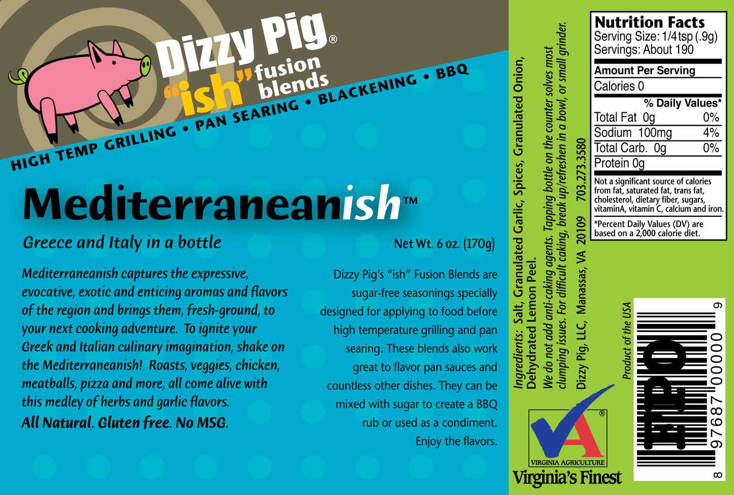 Dizzy Pig Ish Fusion Mediterranean-Ish Greek & Italian Seasoning (8Oz Shaker) - Seasons 30+Lbs Of Food - Hand Made In The Usa - Msg Free, Gluten Free