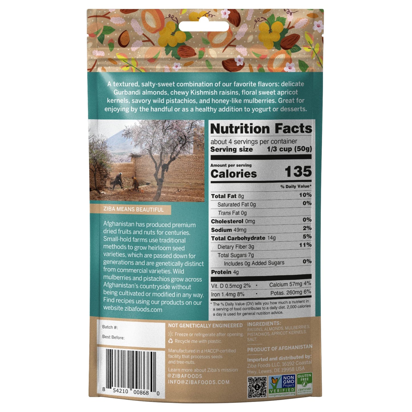 Ziba Foods Trail Mix - Sweet Apricot Kernels, Mulberries, Raisins, Almonds & Pistachios - Non-GMO, Vegan, Whole 30 Friendly & Pa