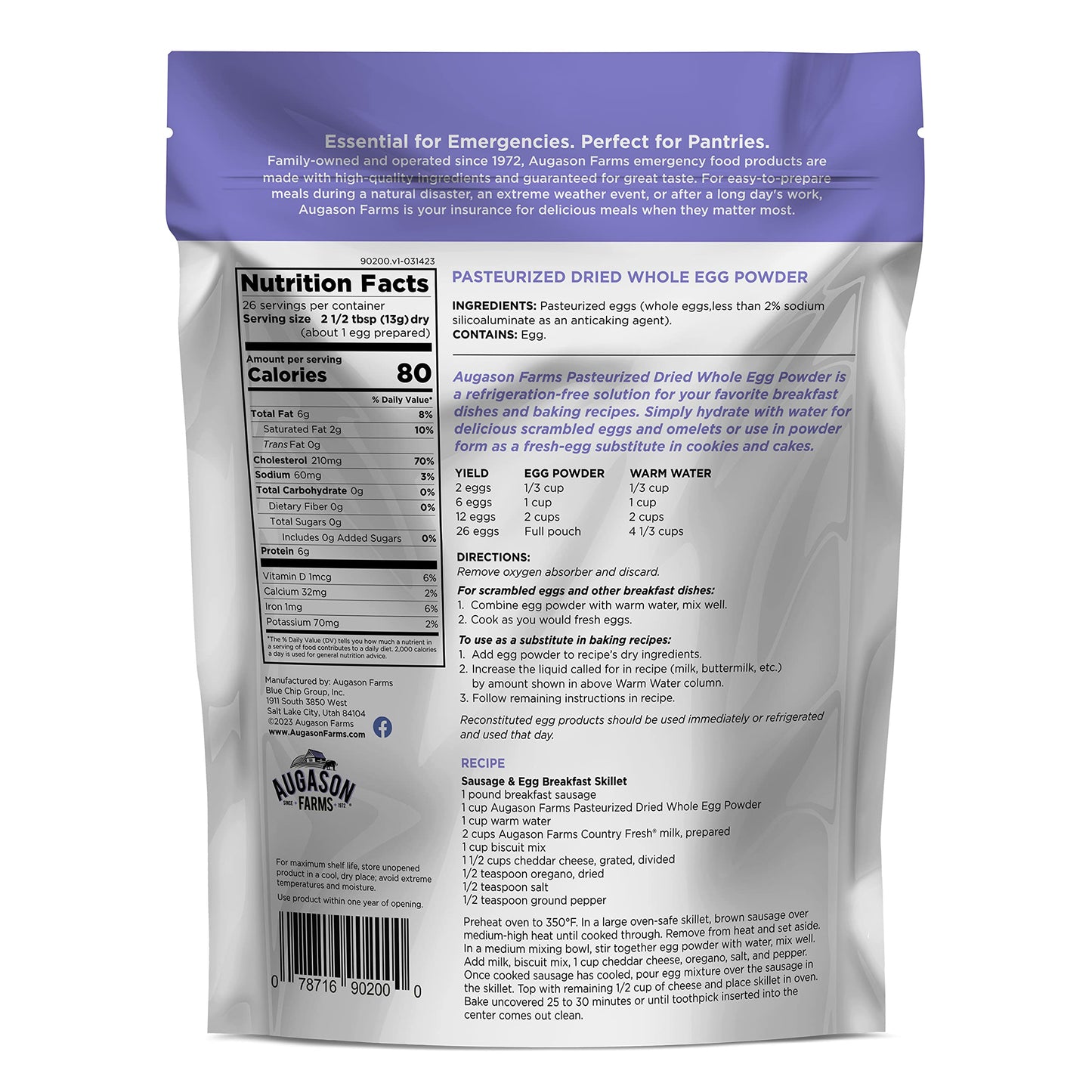 Augason Farms Dried Whole Egg Powder Resealable Pouch Emergency Food Storage 11.9 Oz.